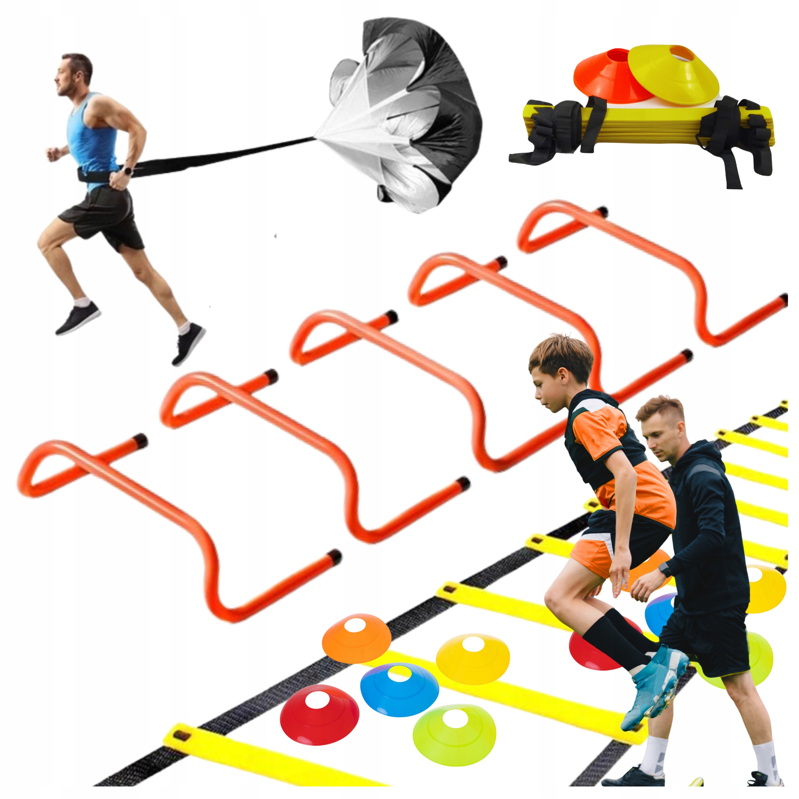 Zestaw piłkarski Płotki 15cm Drabinka Spadochron pachołki Agility