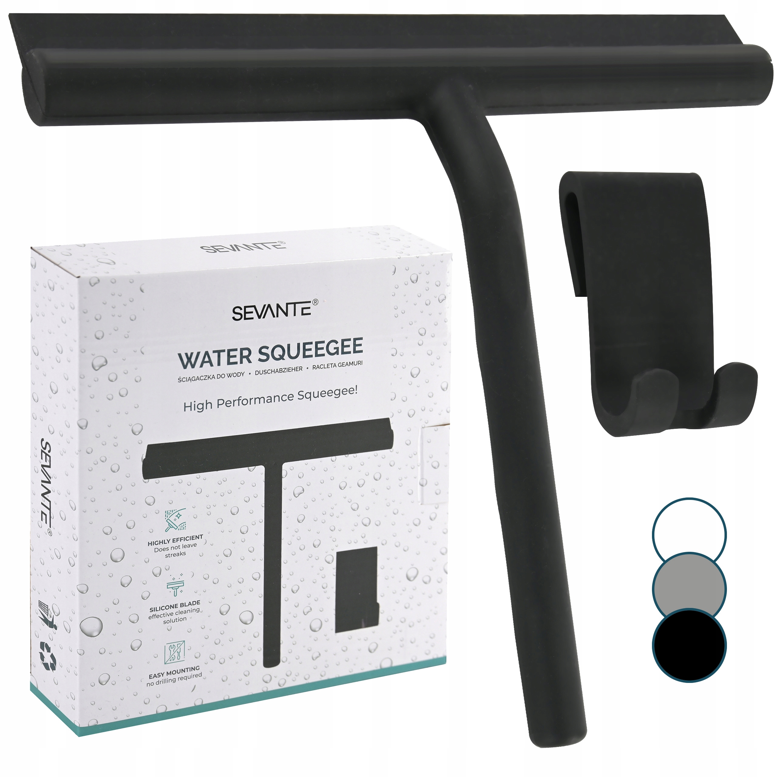 Stěrka na vodu, pár skel kabin a zrcadel, háček černý jako dárek Sevante