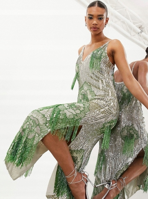 Flitrová Zdobená Koktejlová Šaty Střapce Edition 34 Xs