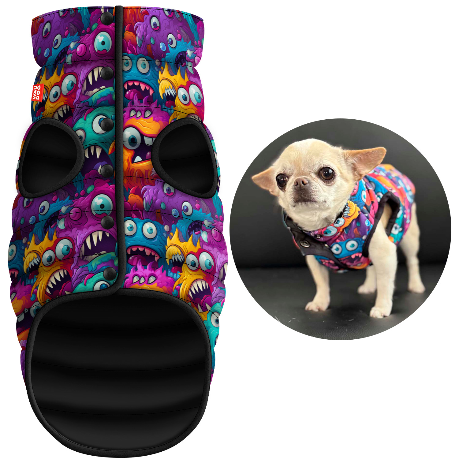 Levně Vesta pro psa, celoroční bunda, Zubaté příšerky, velikost Xxs (XS25)