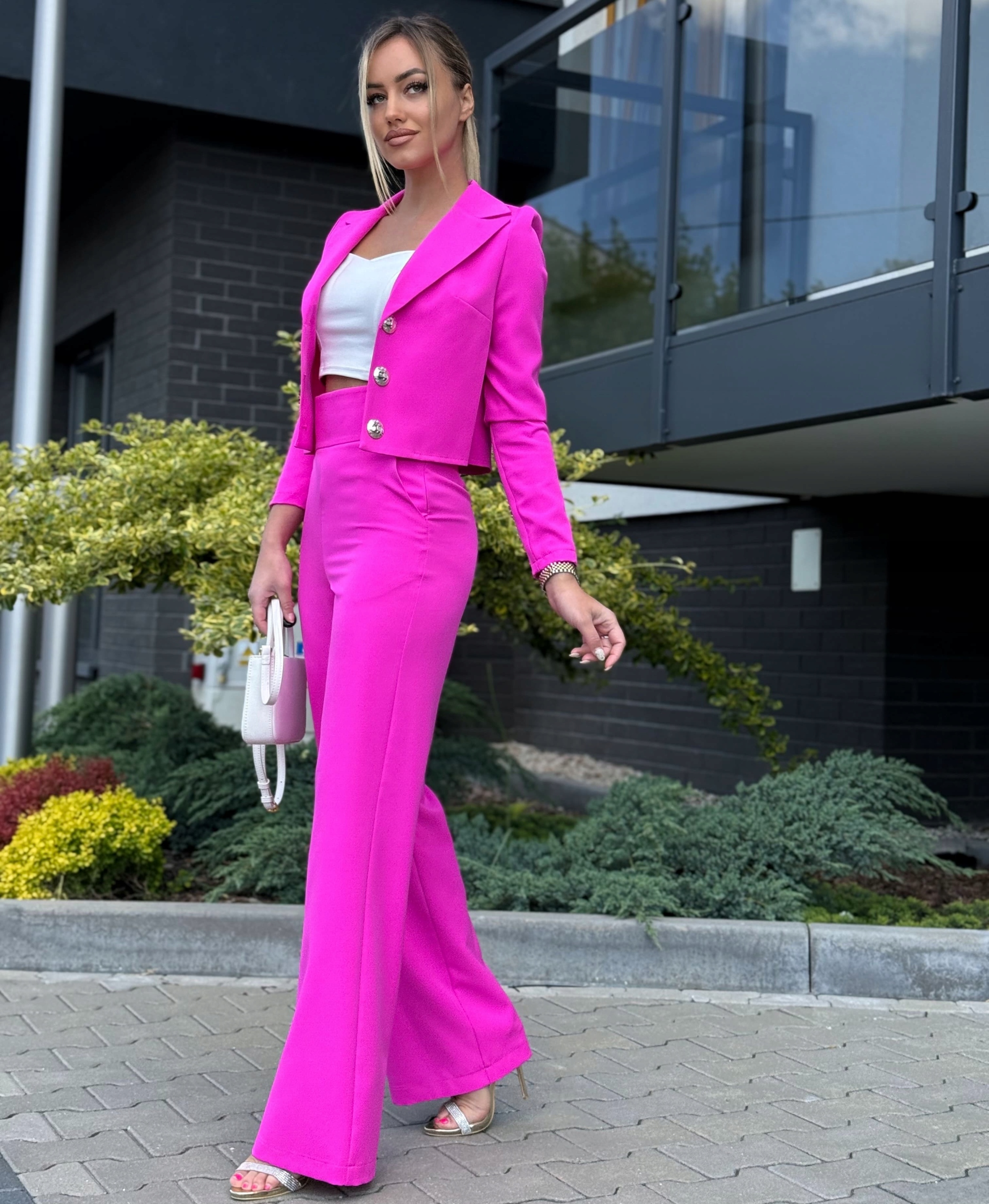 Dámský komplet Sako kalhoty Vysoký pas Obleček na přijímání Fuchsiová S