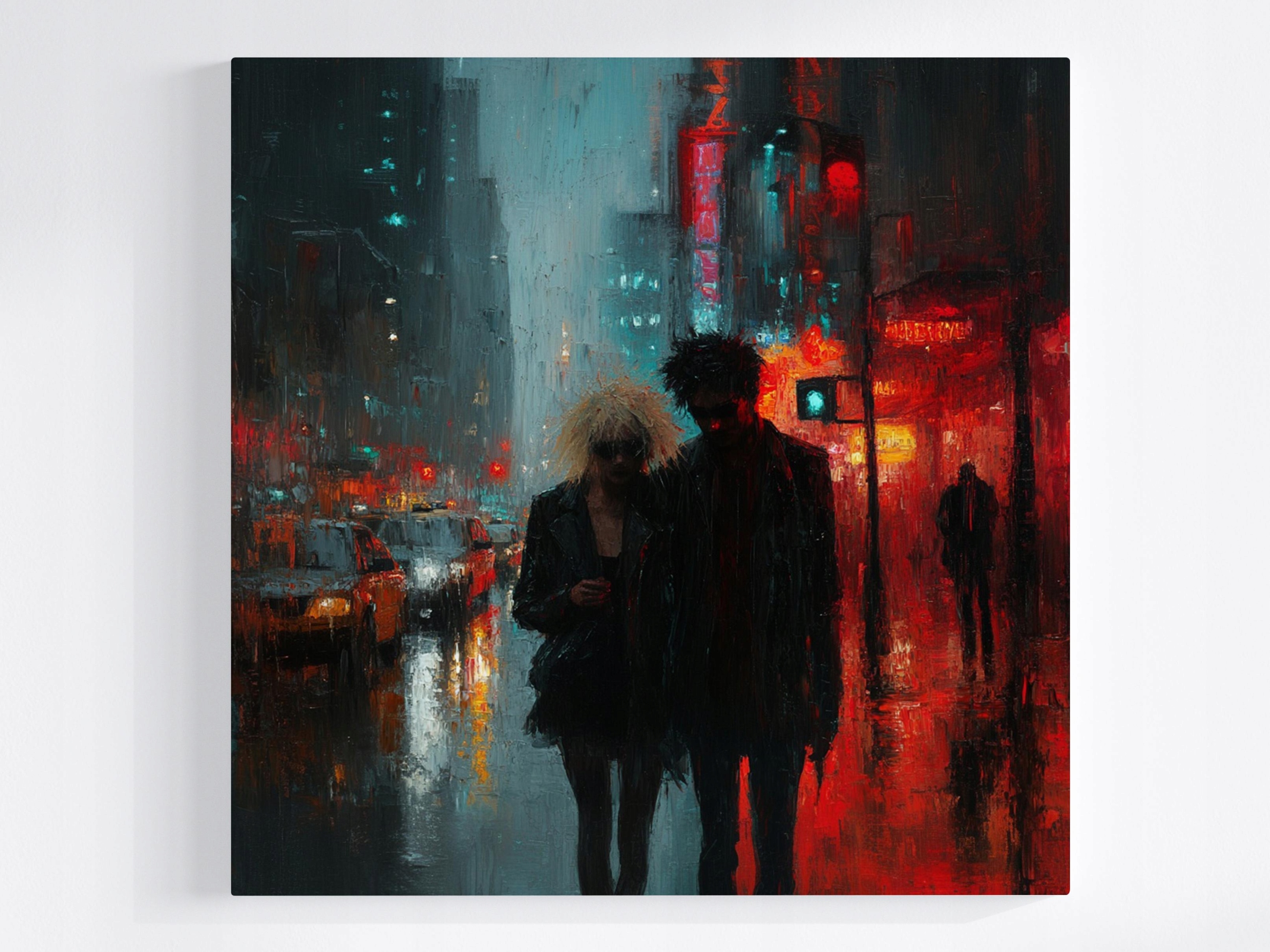 Obraz Na Plátně Canvas Město Ulice Déšť Pár Noc Punk Neon Noir 80x80