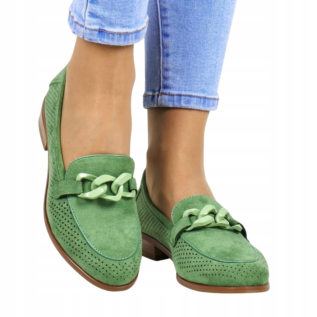 DAMSKIE MOKASYNY AŻUROWE WSUWANE PÓŁBUTY PŁASKIE Z ŁAŃCUCHEM ZIELONE