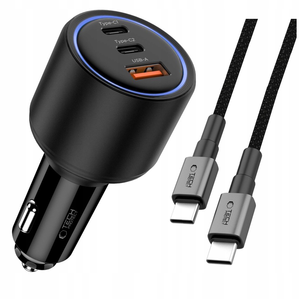 Mocna Ładowarka Samochodowa Usb-a Type-c Szybka 130W Kabel Usb-c 100CM