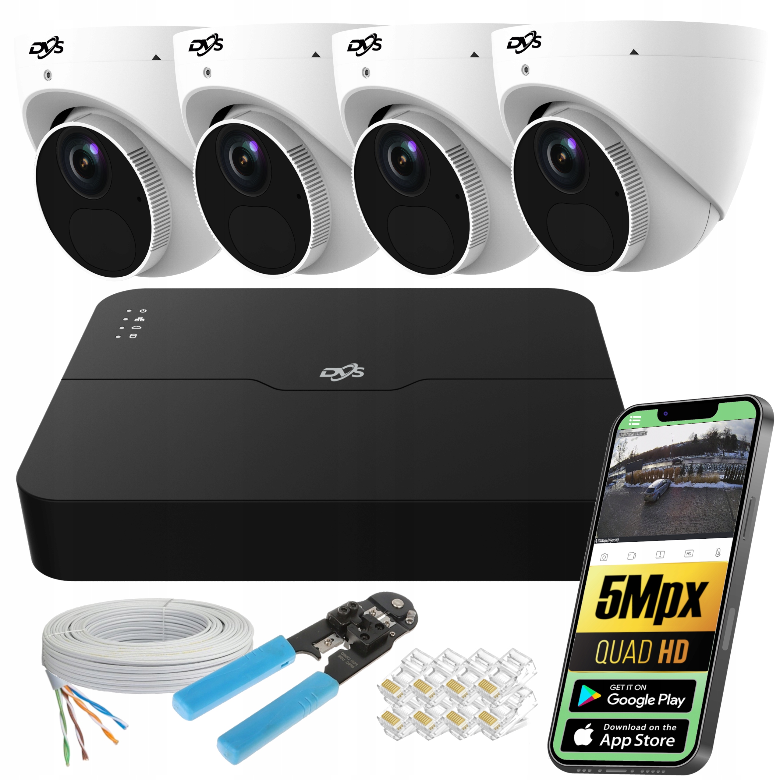 ZESTAW MONITORINGU 4 KAMERY ZEWNĘTRZNE METALOWE ZEWNĘTRZNE IP 5MPX POE DVS