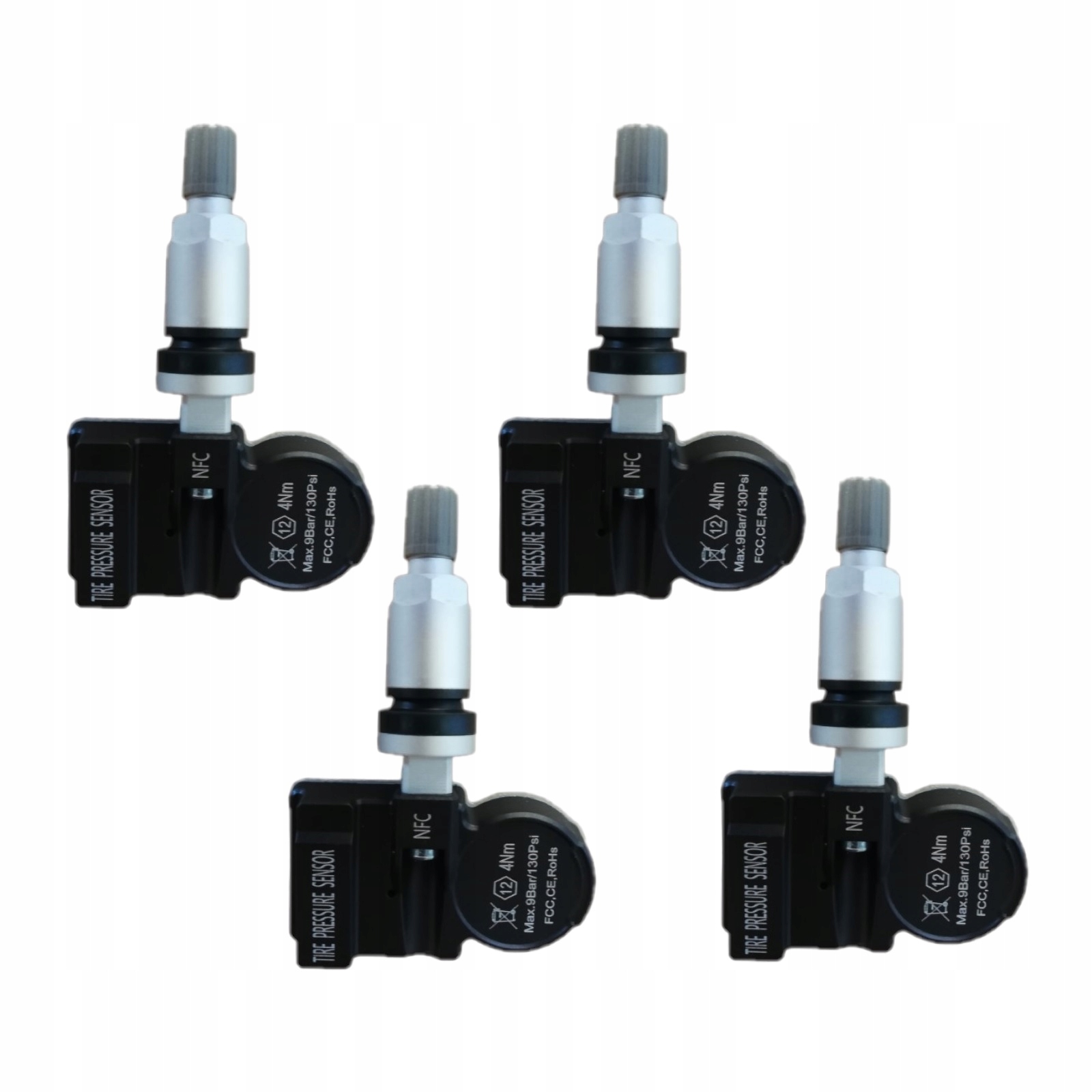 4 snímače tlaku Pneumatiky Tpms Nfc, strieborný ventil