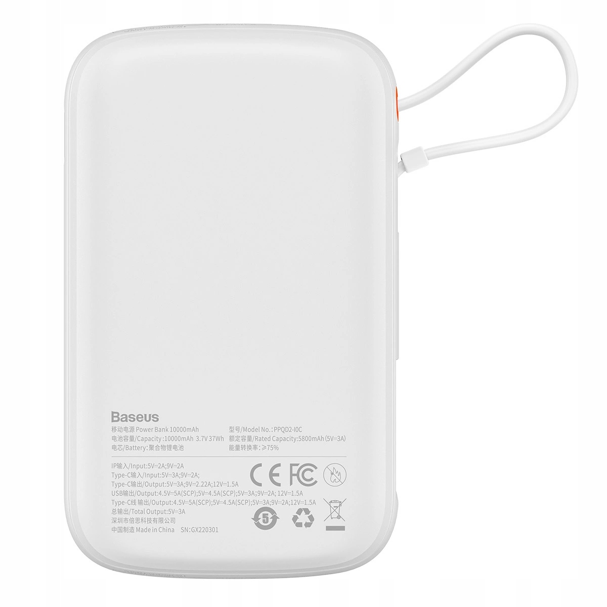 Baseus Qpow powerbank 10000mAh wbudowany kabel Usb Typu C 22.5W Quick Charg
