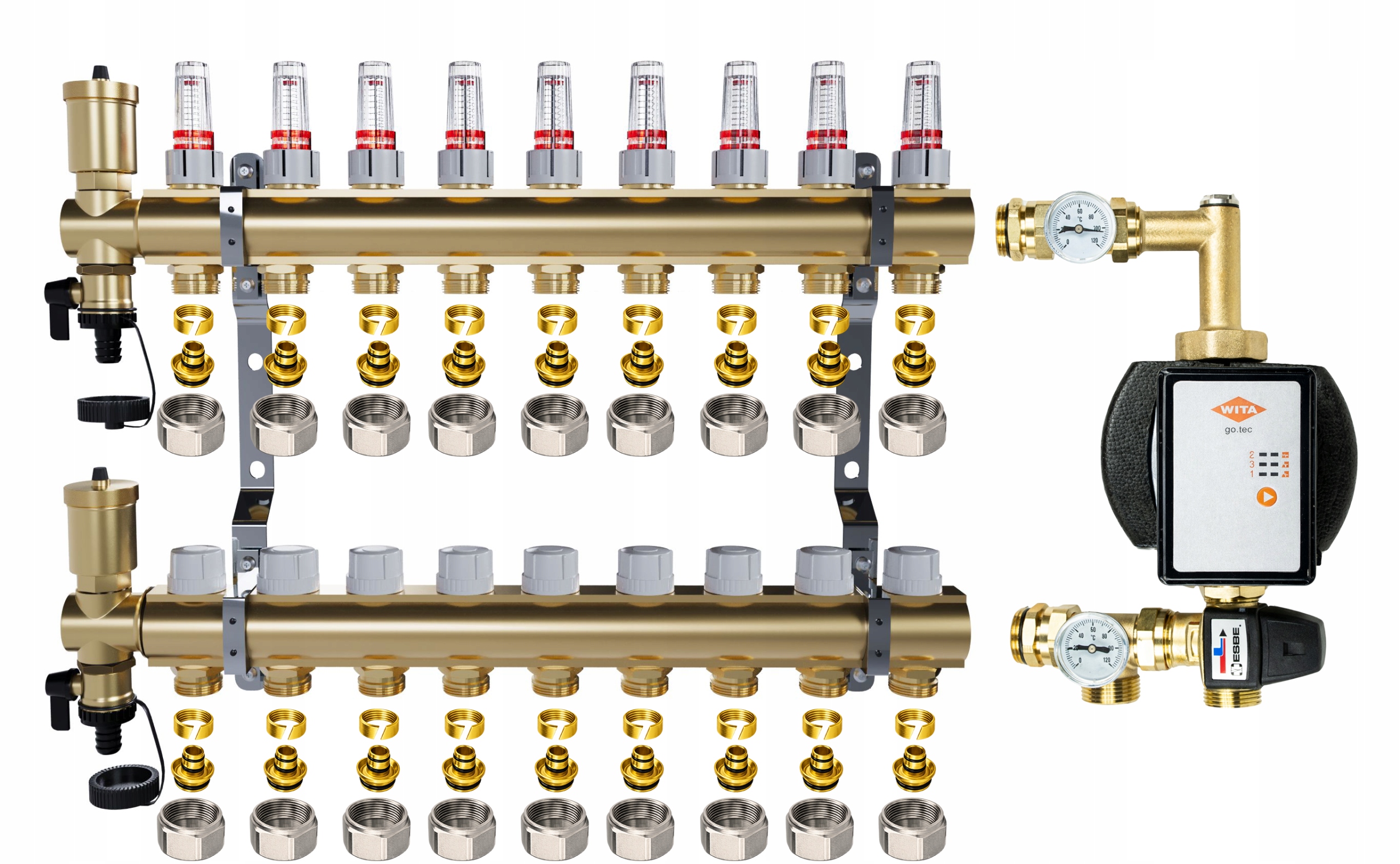 Rozdělovač pro podlahové topení 9 sekcí Spojky Pex Čerpadlo Wita
