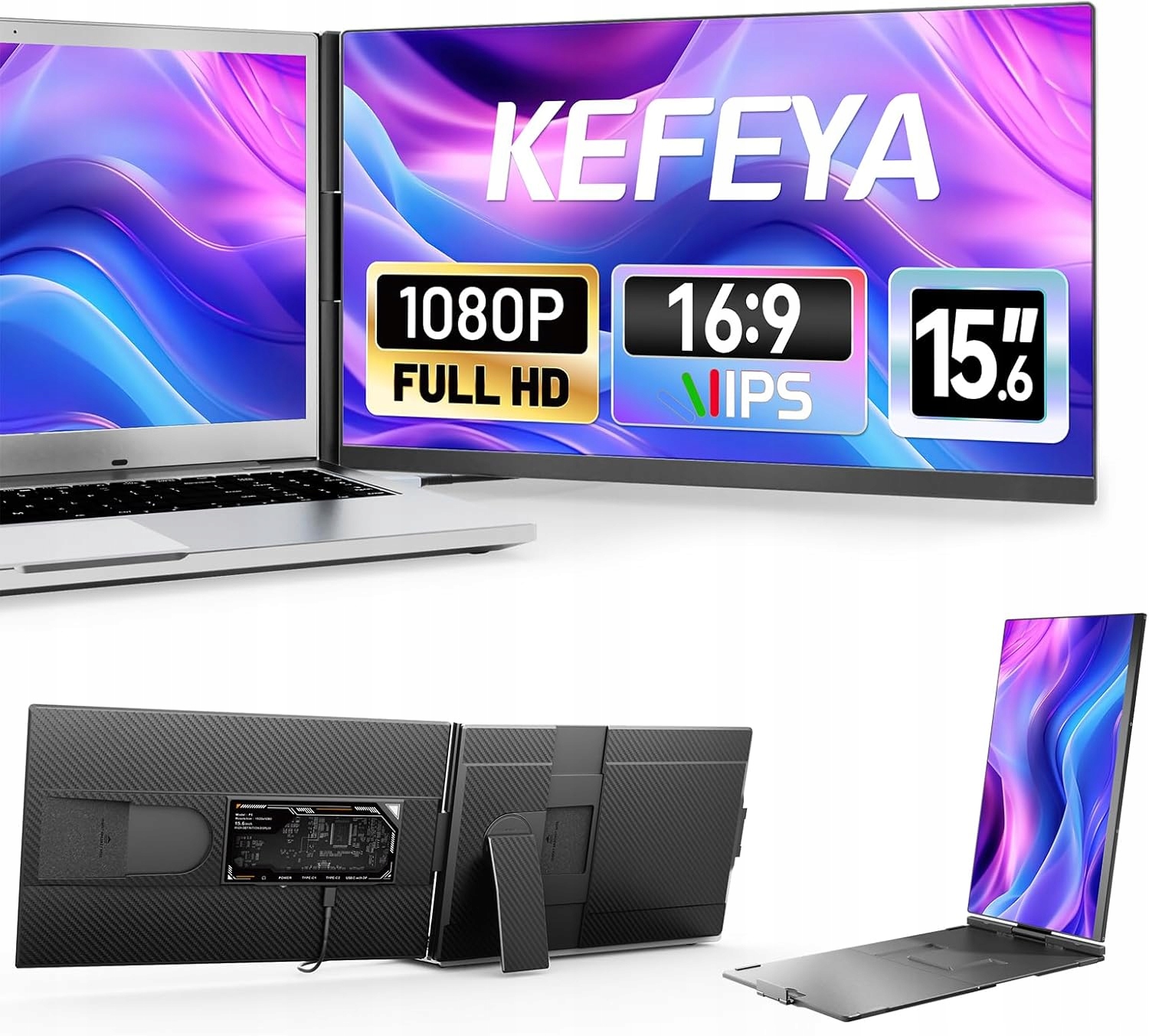 PRZENOŚNY MONITOR KEFEYA 15,6" 1080P 120% SRGB DO WSZYSTKICH LAPTOPÓW