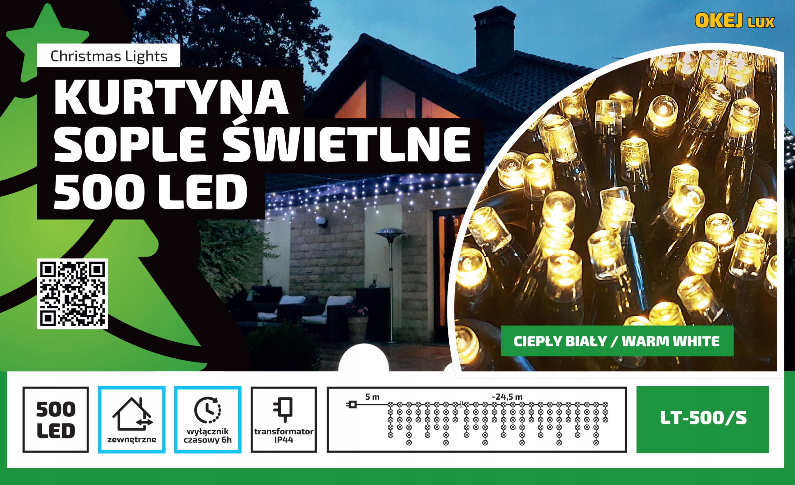 

Sople Zewnętrzne 500LED 25m Lampki Choinkowe Timer
