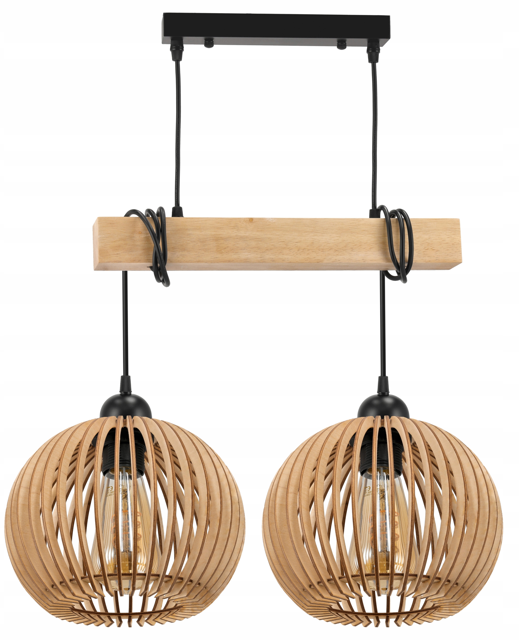 Lampa Sufitowa Wisząca Led Drewniana Belka 2x E27 Żyrandol Kula Gęsta Luca