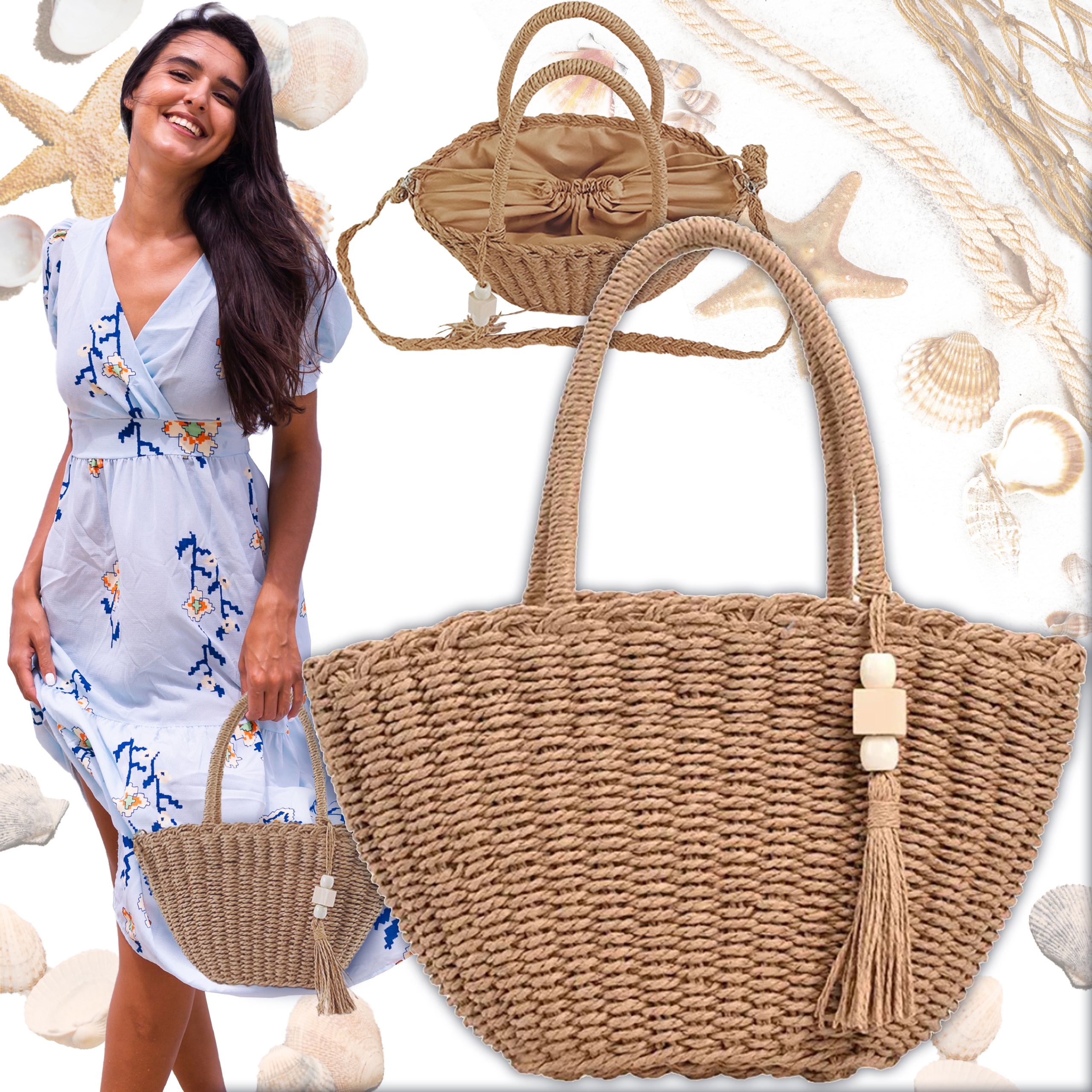 TORBA PLAŻOWA BOHO SŁOMIANA RATTAN MIEJSKA SHOPPER NA PLAŻĘ NA ZAKUPY PASEK