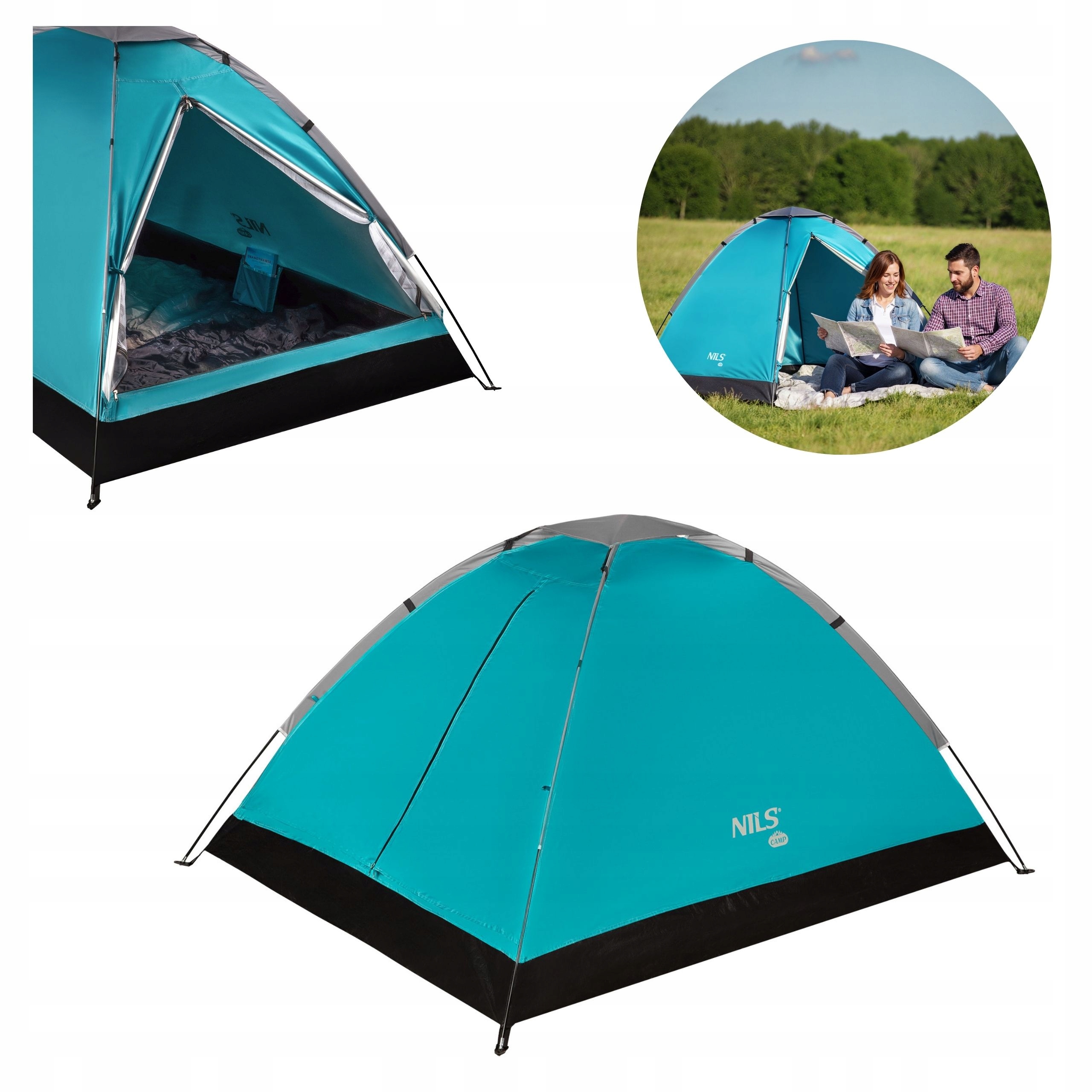 Namiot dla 2 osób na camping biwak wodoodporny z pokrowcem Nils niebieski