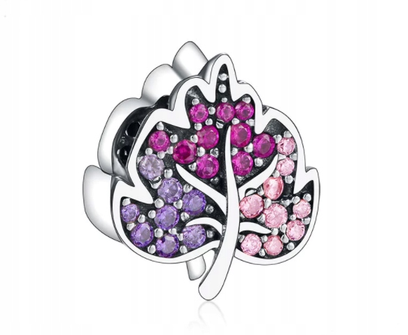 CHARMS ZAWIESZKA LIŚĆ LISTEK RÓŻ FIOLET CYRKONIE S925