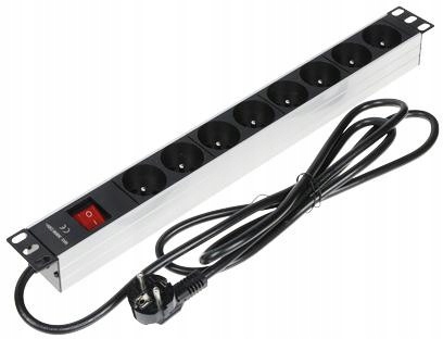 Zásuvková Lišta Rack 1U 19" 8 Zásuvek 230V Dvoupólový Vypínač