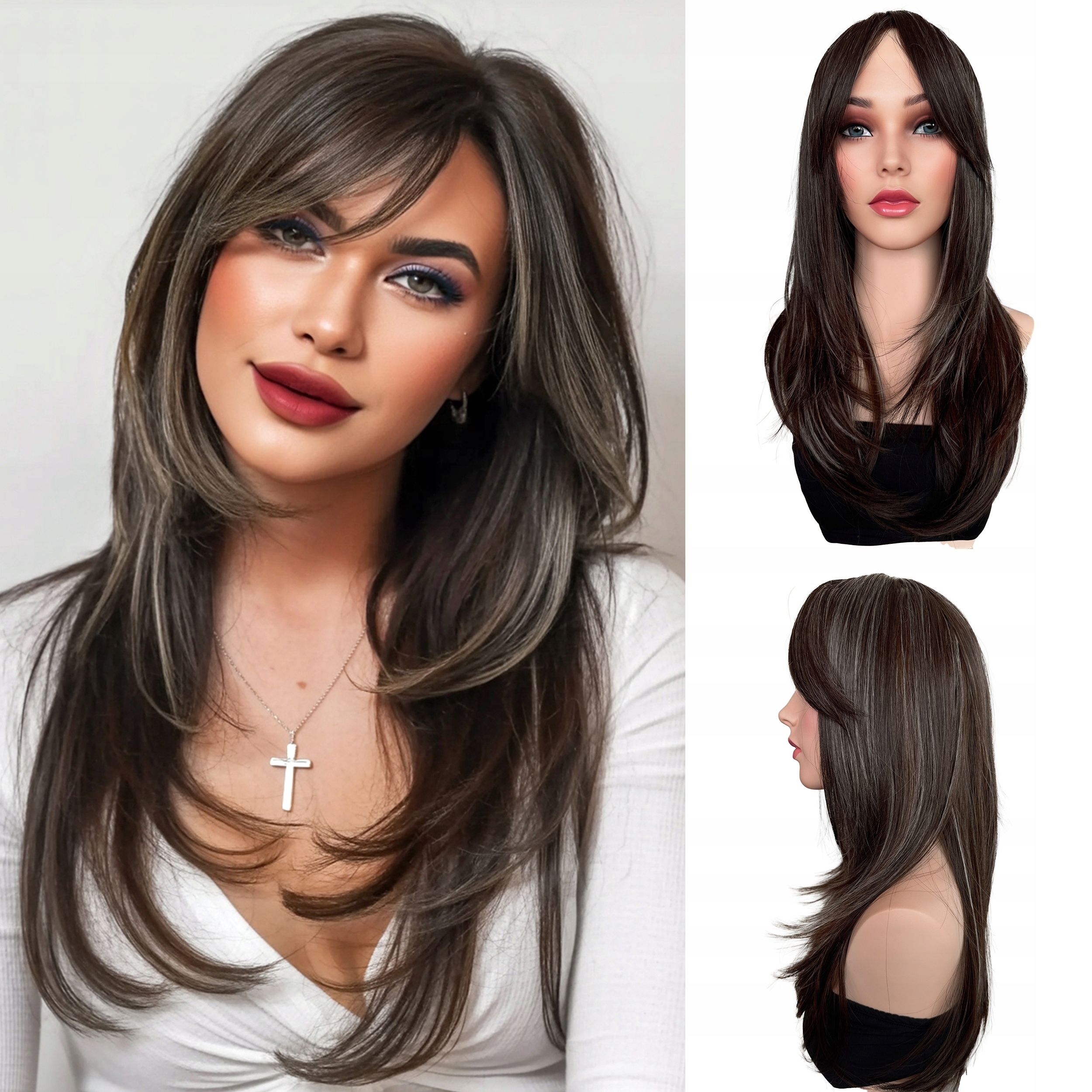 Syntetická paruka Umělé vlasy Stínovaná Bronz Šedá Balejáž Dlouhá 55 cm