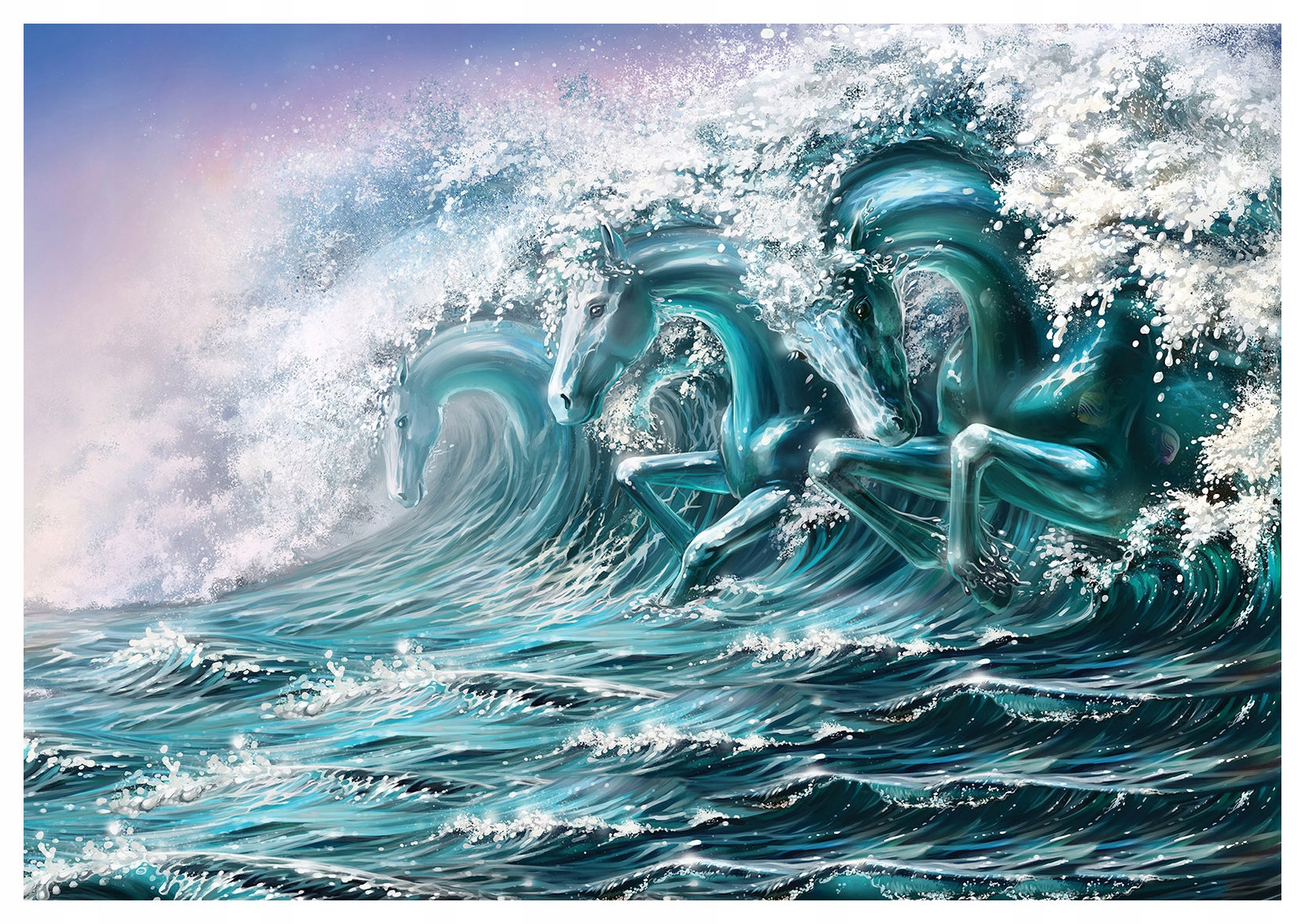 Vliesová fototapeta Koně ve vodě vlny růžový úsvit 416x290 lepidlo