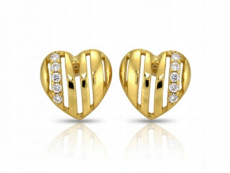 Zlaté náušnice 585 s prolamovanými srdíčky a Bílými zirkony na tyčince 0.98 g