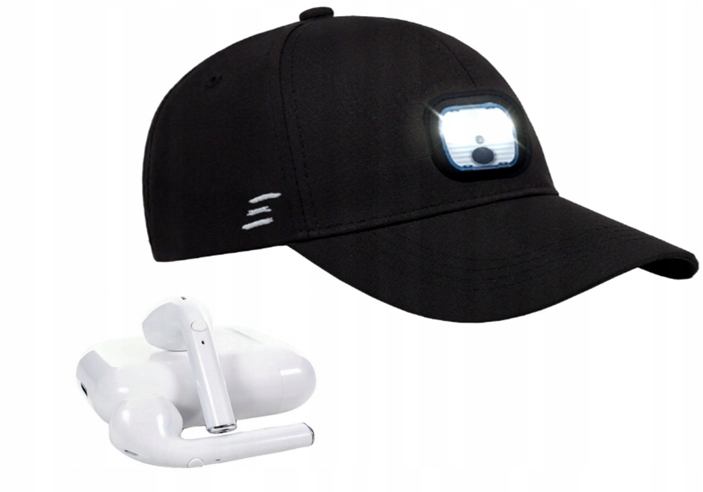 CZAPKA Z DASZKIEM Z LAMPKĄ LED SLUCHAWKI DO BIEGANIA DOUSZNE BEZPRZEWODOWE