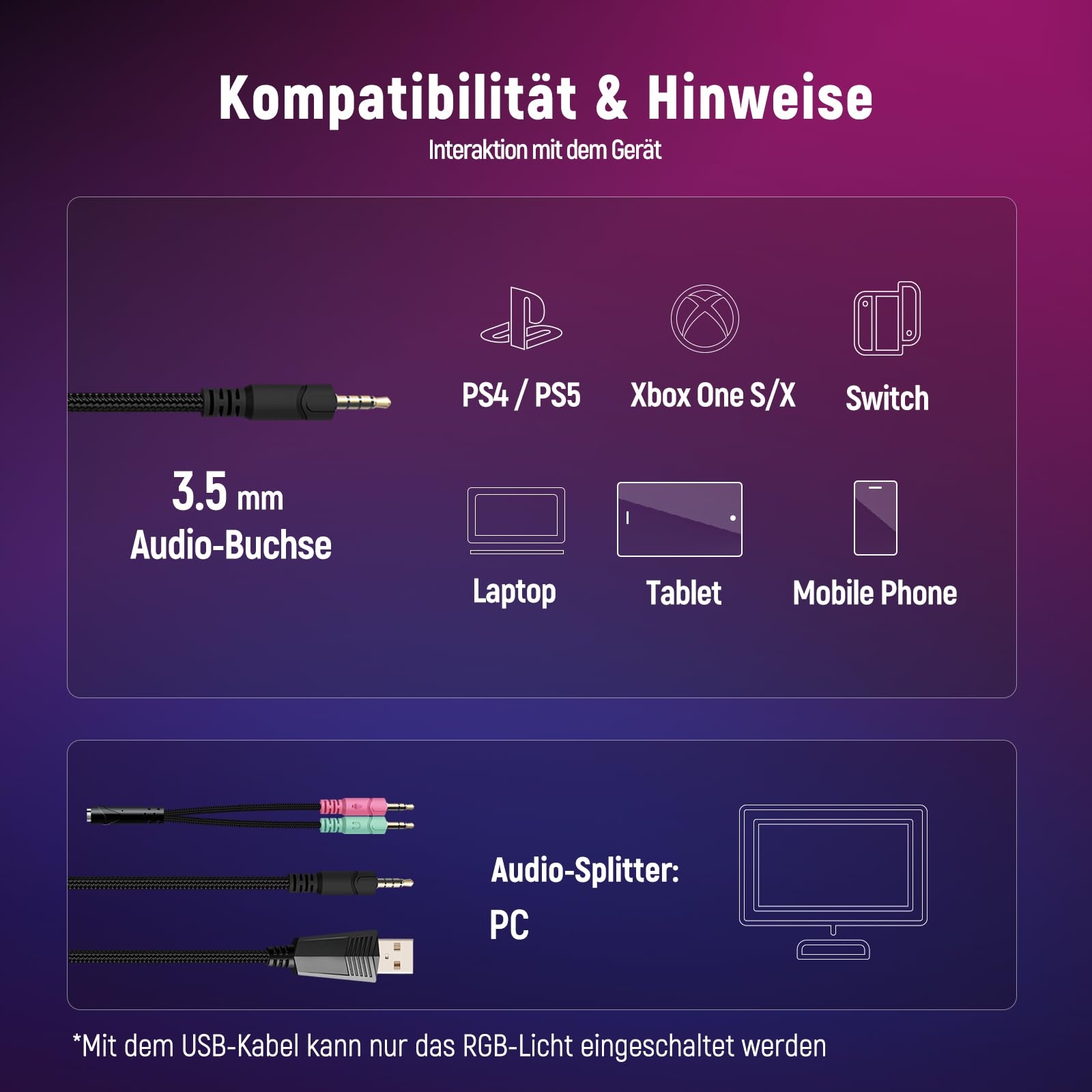 OZEINO Słuchawki Gamingowe PS4 PS5 PC z Mikrofonem 3D RGB Redukcja Szumów — miniatura 6
