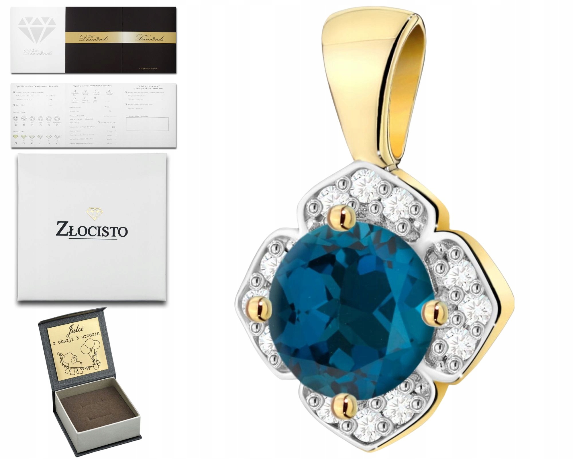 Zlatý Přívěsek Topaz London Blue A Diamanty