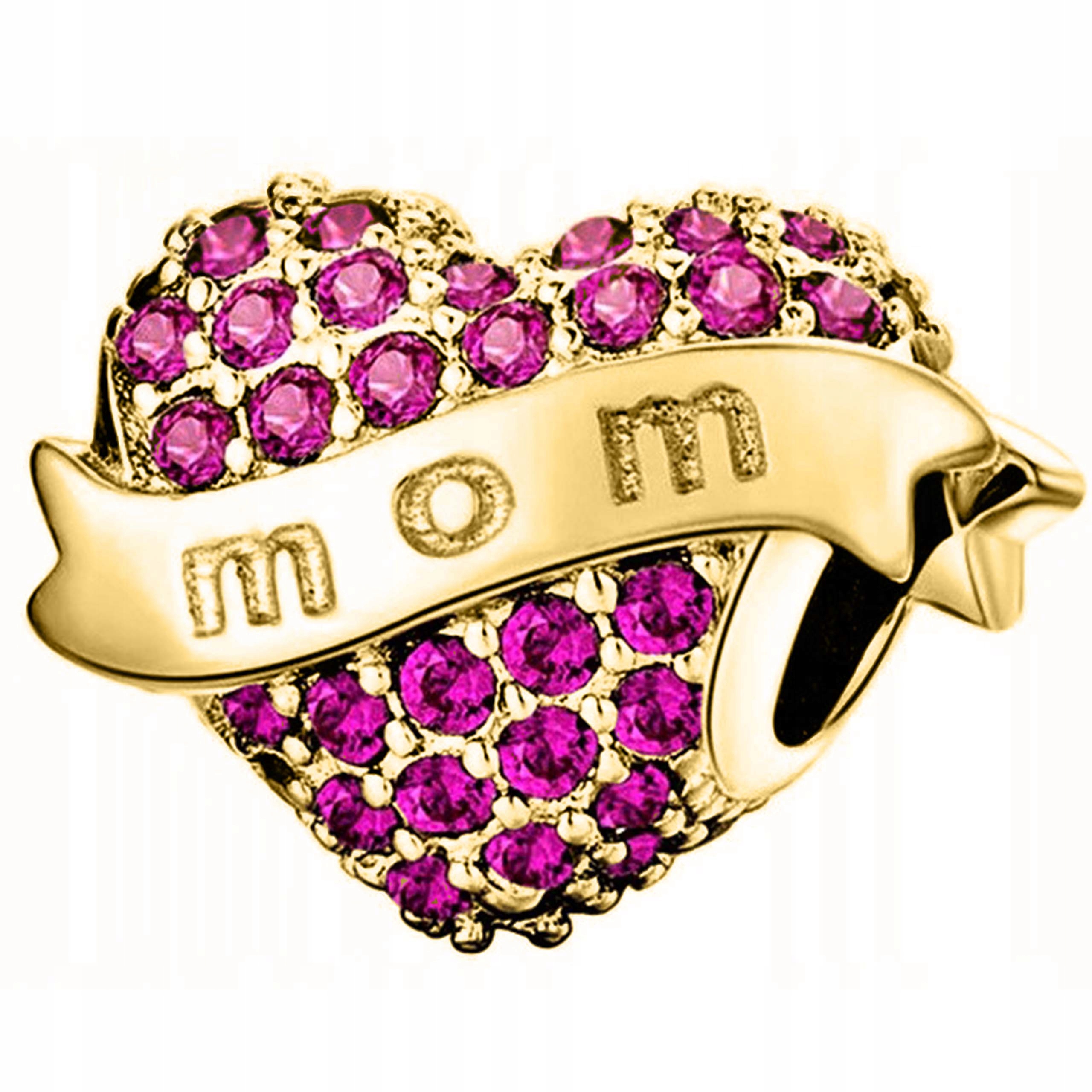 Charms Zlaté Křišťálové Srdce pro maminku Mom Růžové Zirkony Stříbro 925