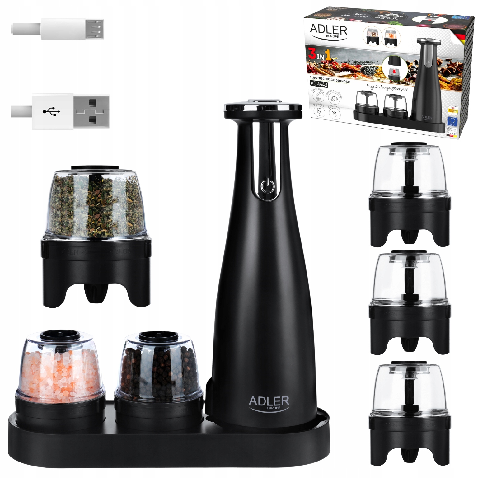 Zestaw 3 Młynek do Przypraw Adler Ad 4449 Czarny Usb