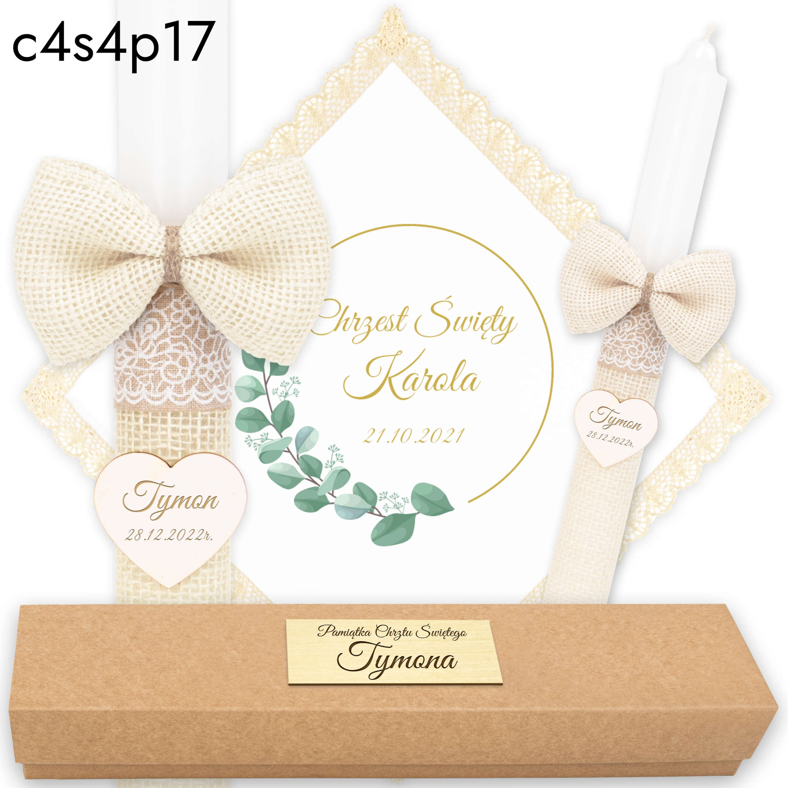 SZATKA I ŚWIECA Do Chrztu + Świeca Na Chrzest pudełko imię - Chcionka BOHO Rodzaj świeca