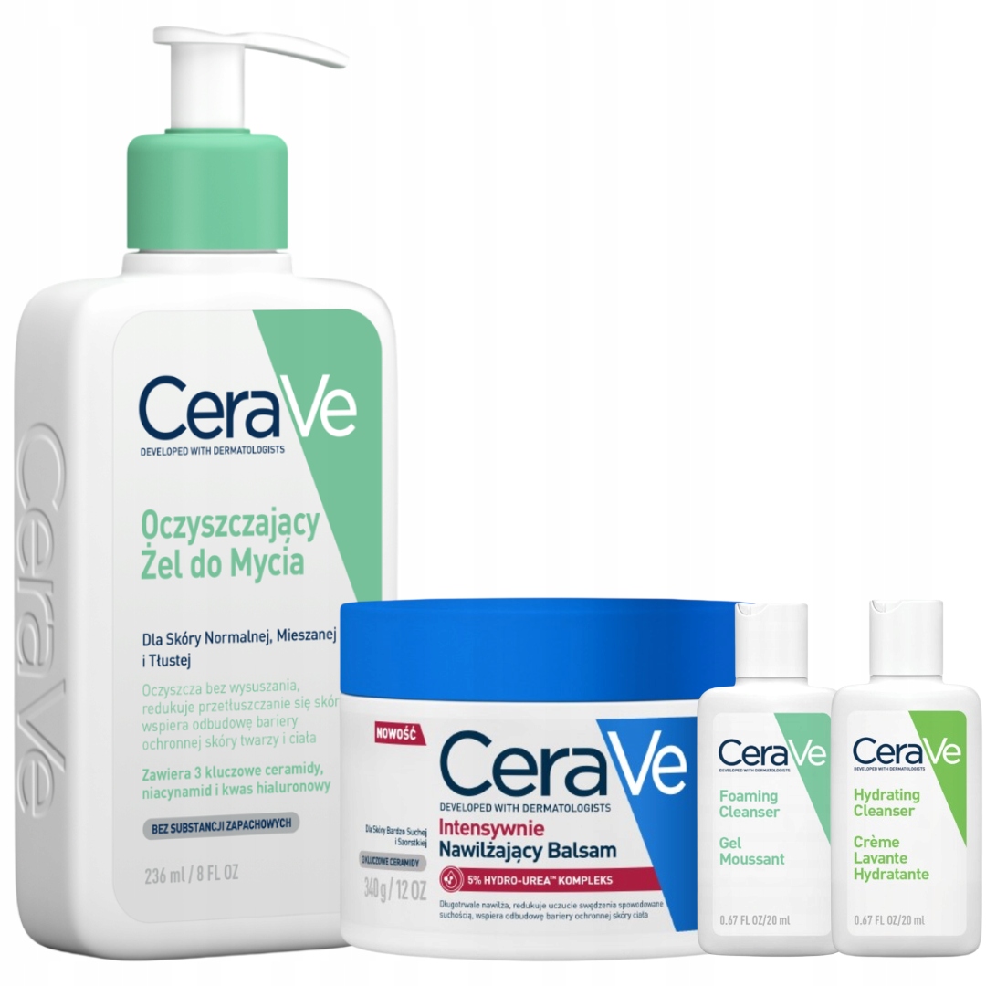 CeraVe Intensywnie nawilżający balsam, Oczyszczający żel do mycia