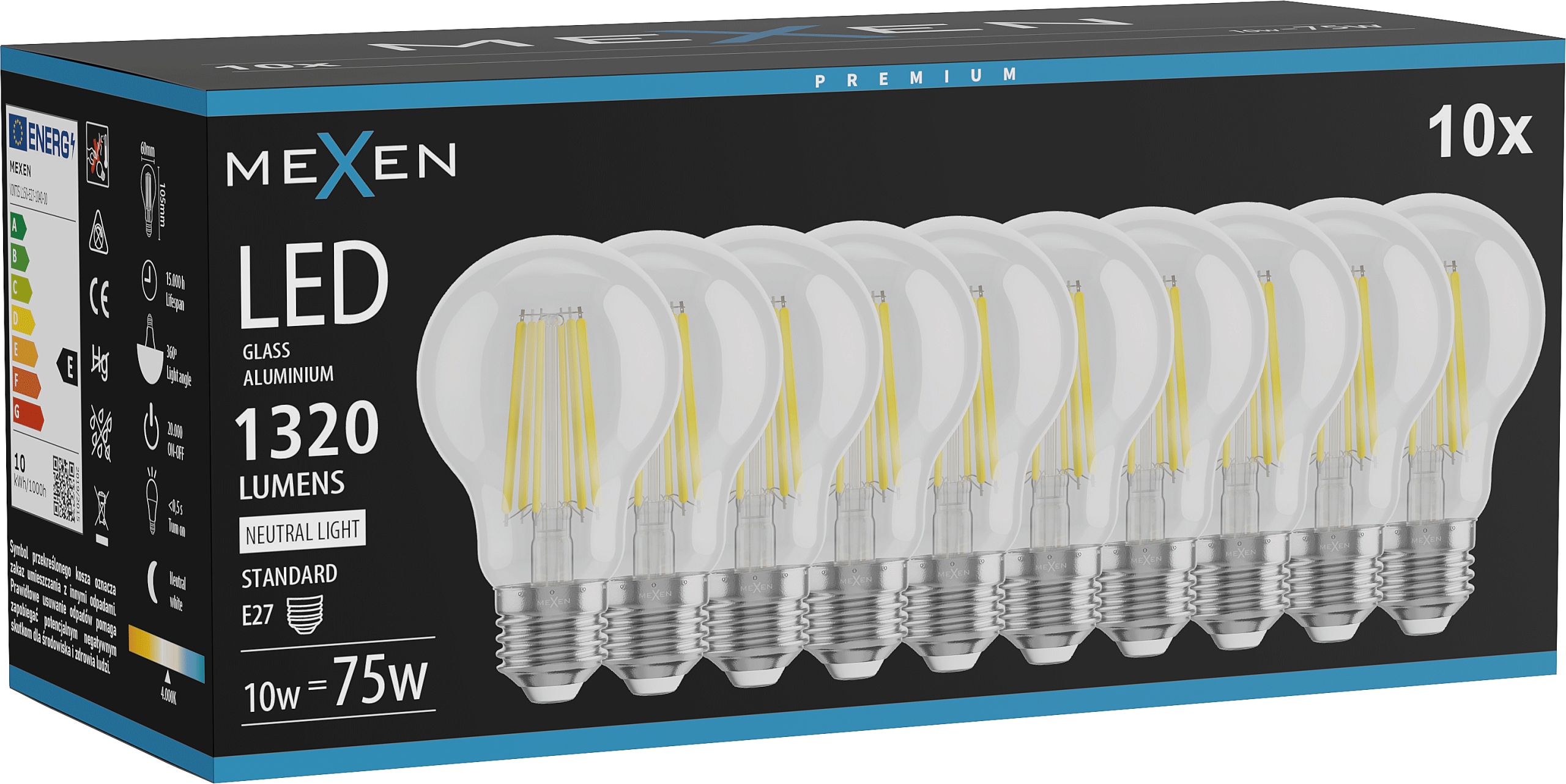 Mexen Vintis 10× filamentová Led žárovka E27 A60 10 W 4000 K, 105×60 mm