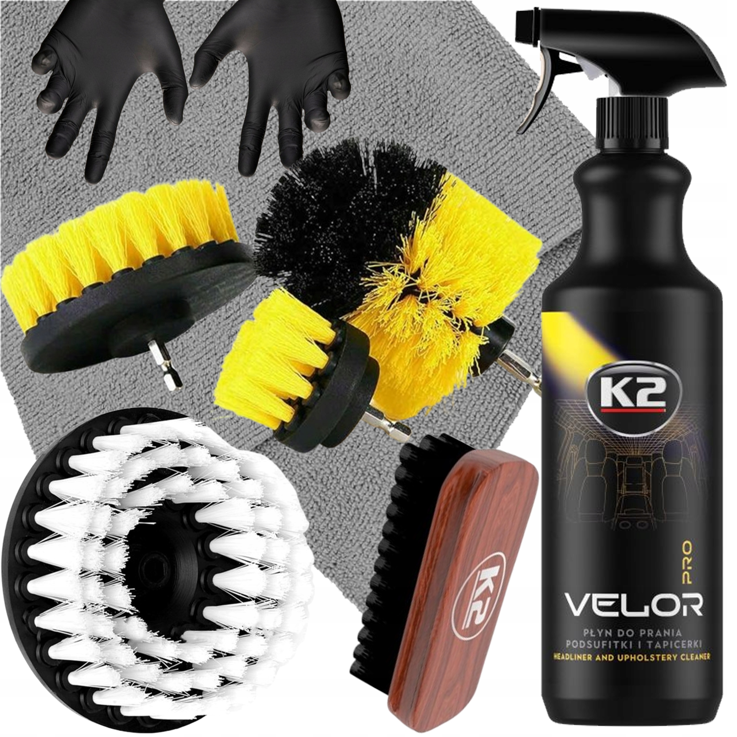 K2 Velor Pro 1L Czyszczenie Pranie Tapicerki Podsufitki Foteli +5 Szczotek