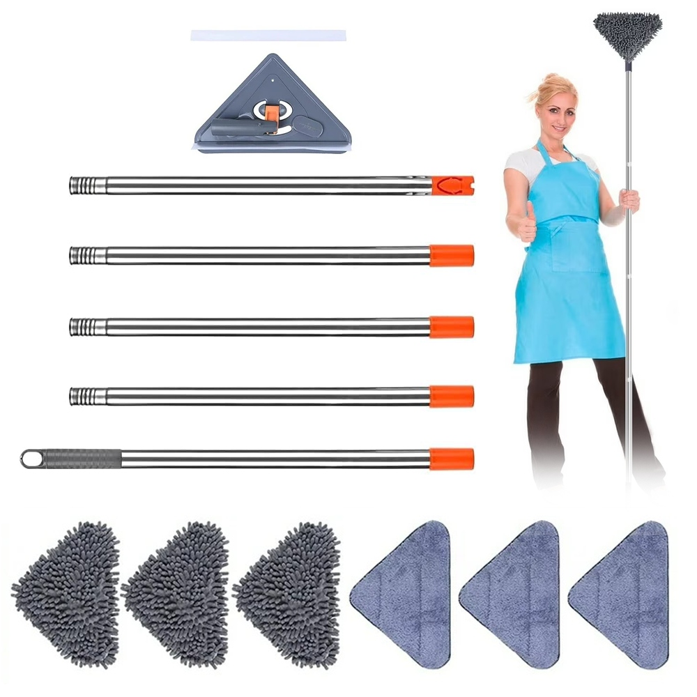 Levně Regulovatelný Trojúhelníkový Čisticí Mop 63.5-215 CM, Otáčení 360° 6 Nástavců, Šedý