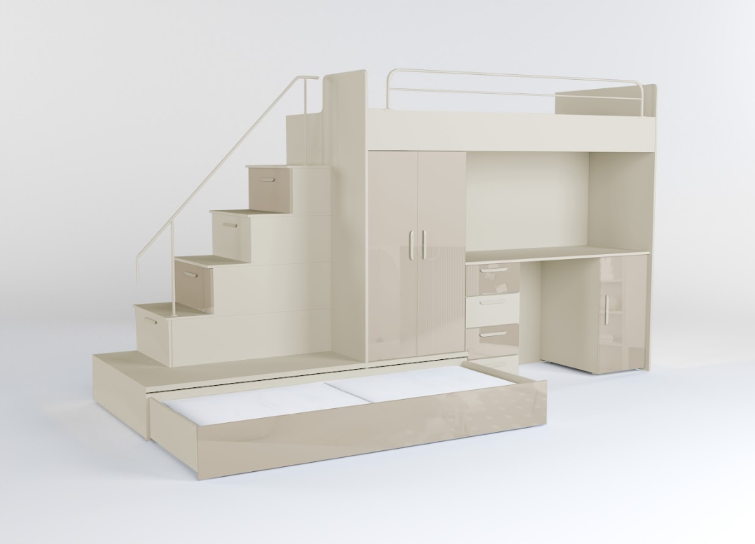 Łóżko piętrowe 2 osobowe antresola szafa biurko Kaszmir + Beż Połysk R5 KM