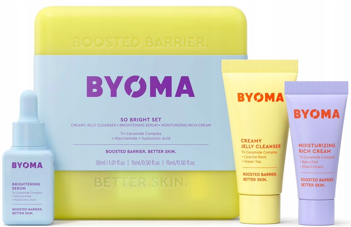 Byoma Rozjasňující sada Trio Gel Sérum Krém Ceramidy Lesk Cery
