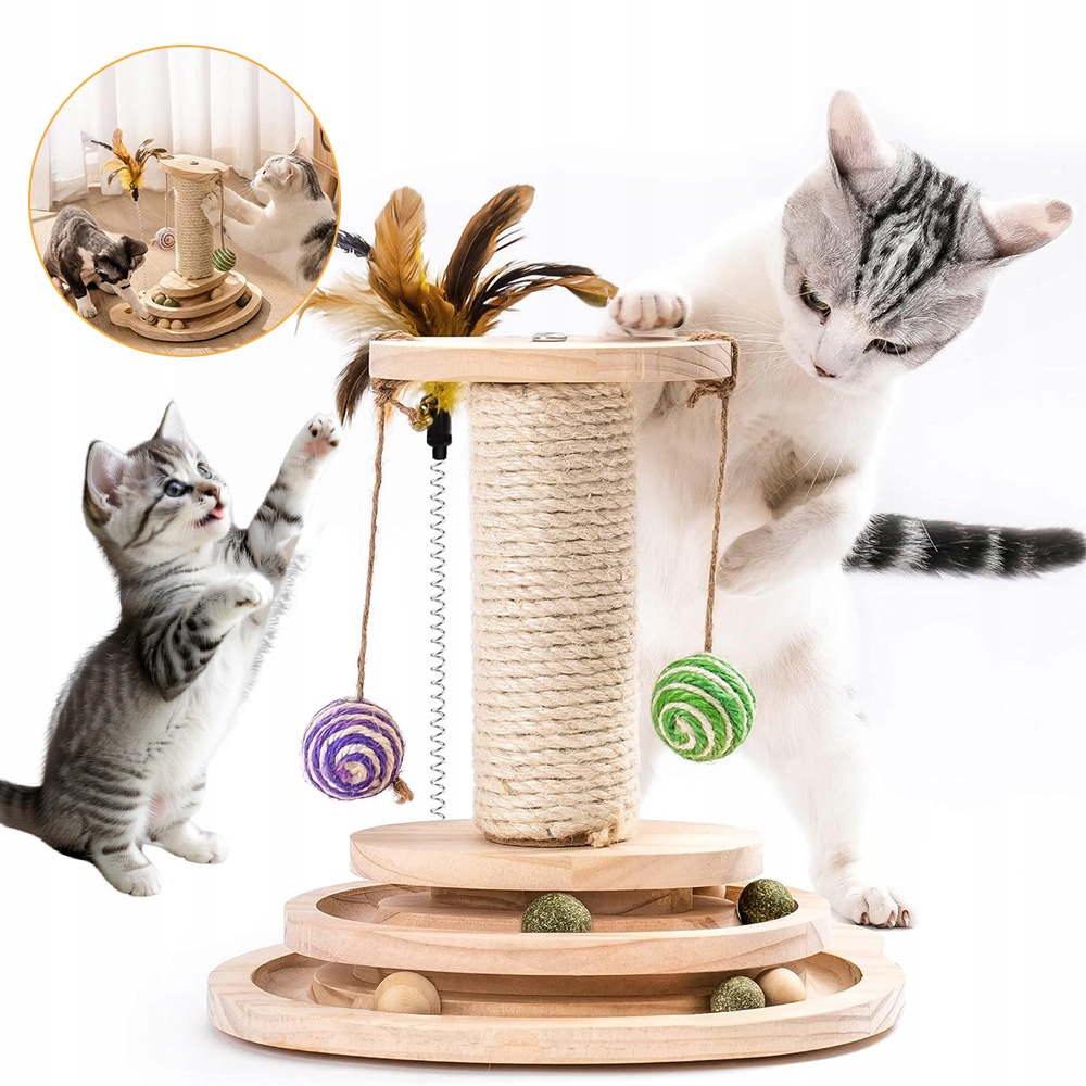 Levně 4v1 Škrabadlo věž pro kočky škrabací sloupek míčky s peřím hračka