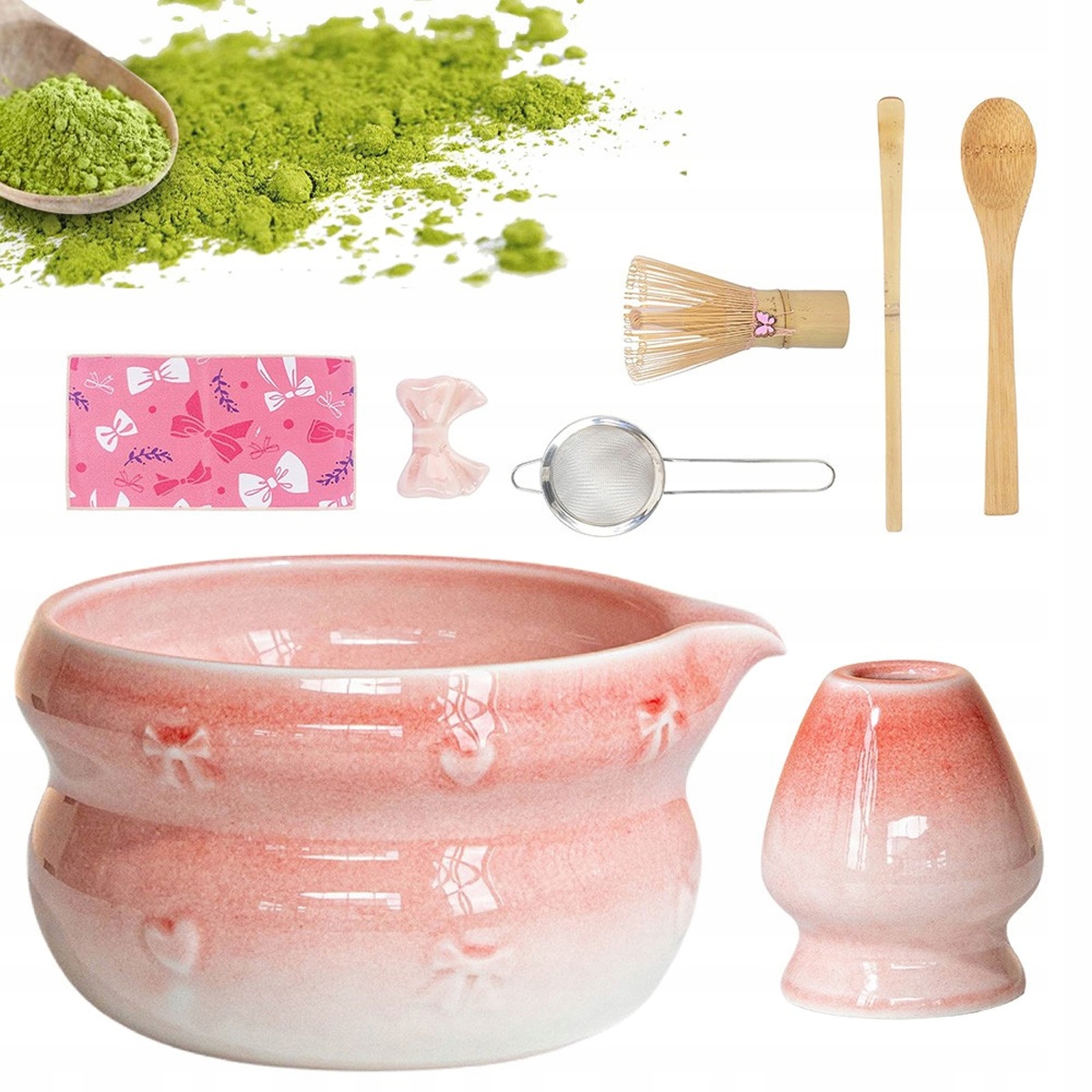 Levně Sada na výrobu Matchy, Japonský Čaj Matcha 8v1 Růžový Keramický