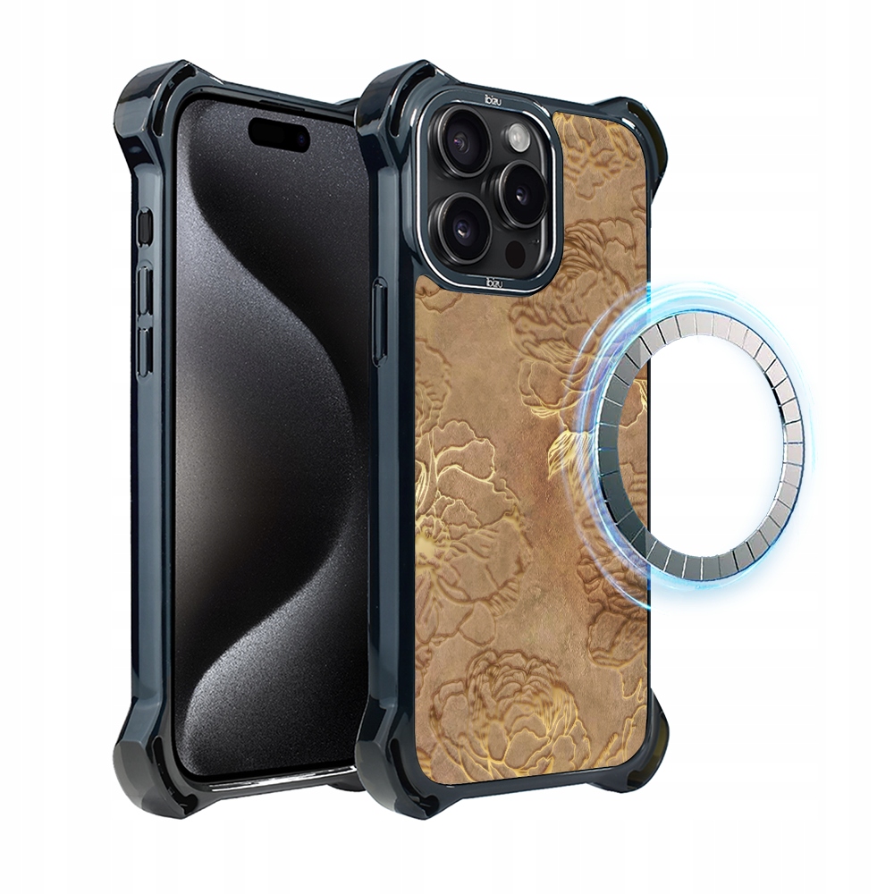 Pouzdro pro iPhone 15 Pro Ibizu DropGuard Ultra s MagSafe, zlaté pivoňky
