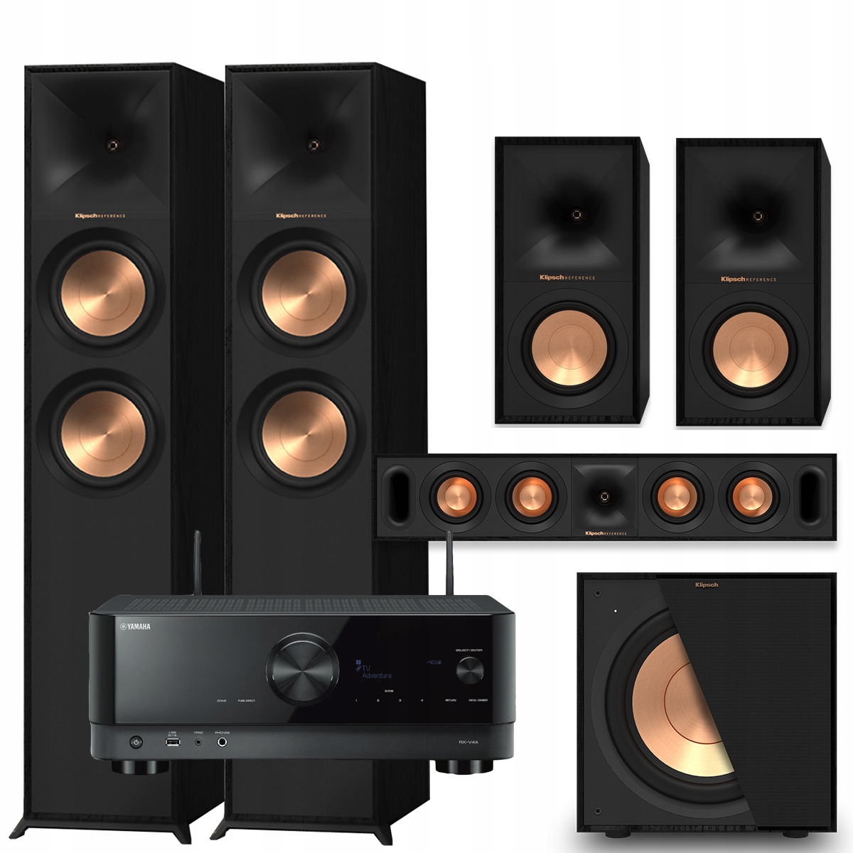 KLIPSCH R-600F + R-50M + R-30C + R-101SW + YAMAHA RX-V4A Wi-Fi 4K HDR10+