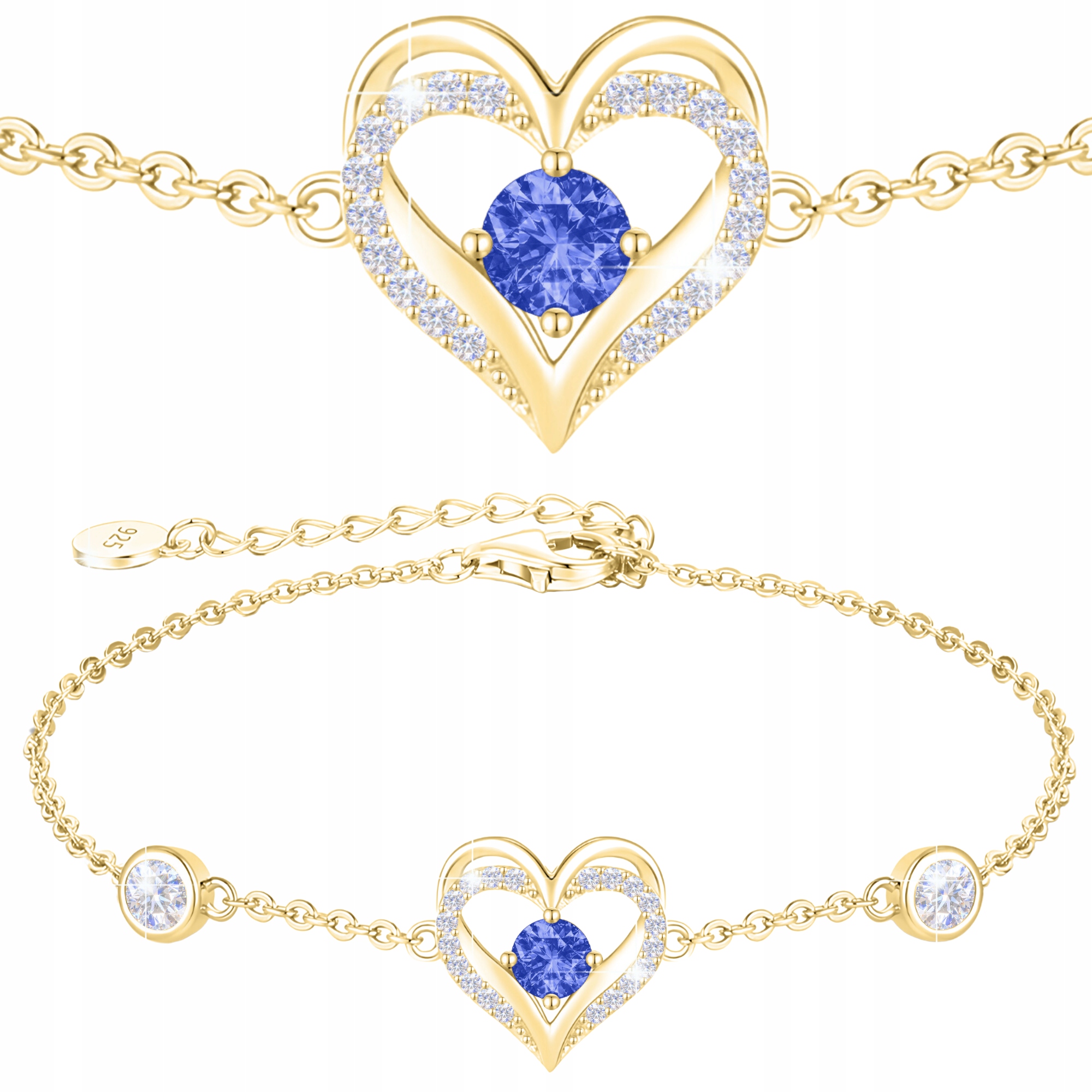 Złota Bransoletka z Sercem Niebieska Cyrkonia Kryształ Serce Pozłacana 585