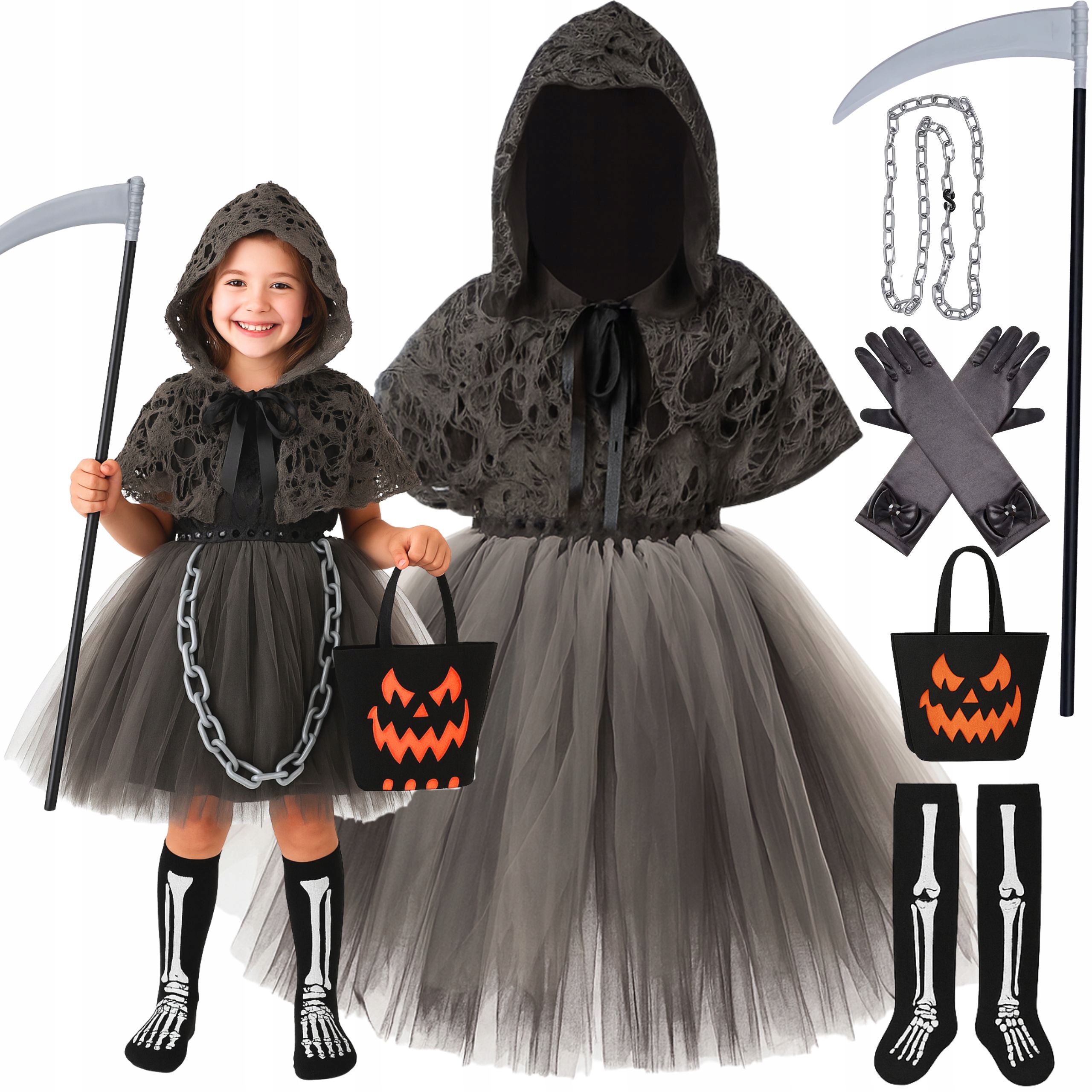 Strój Sukienka Śmierć Z Kosą Tutu Zombie Duch Przebranie Halloween 110 116