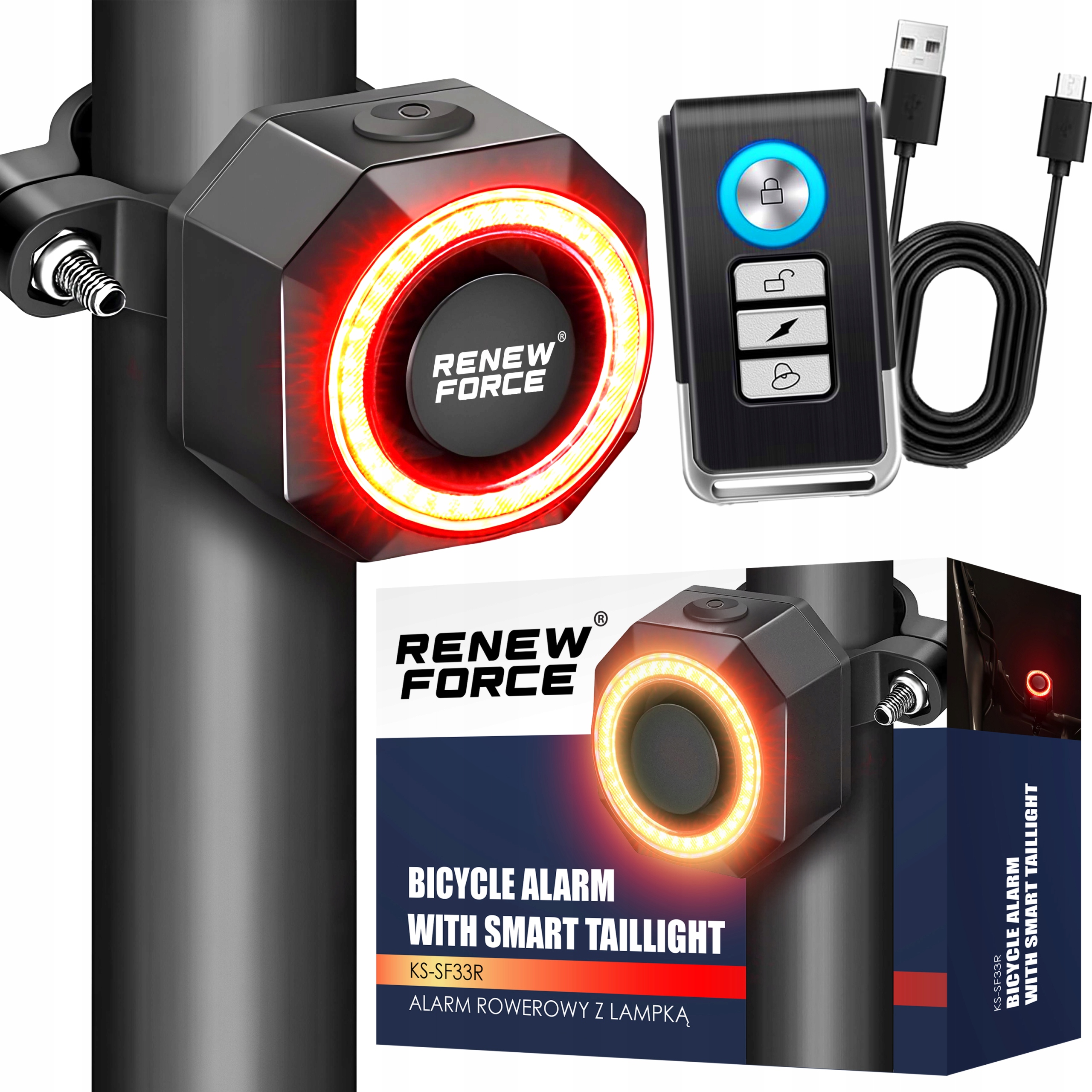 LAMPKA ROWEROWA TYLNA ALARM ROWEROWY ANTYKRADZIEŻOWY Wodoodporny IP65 SOS