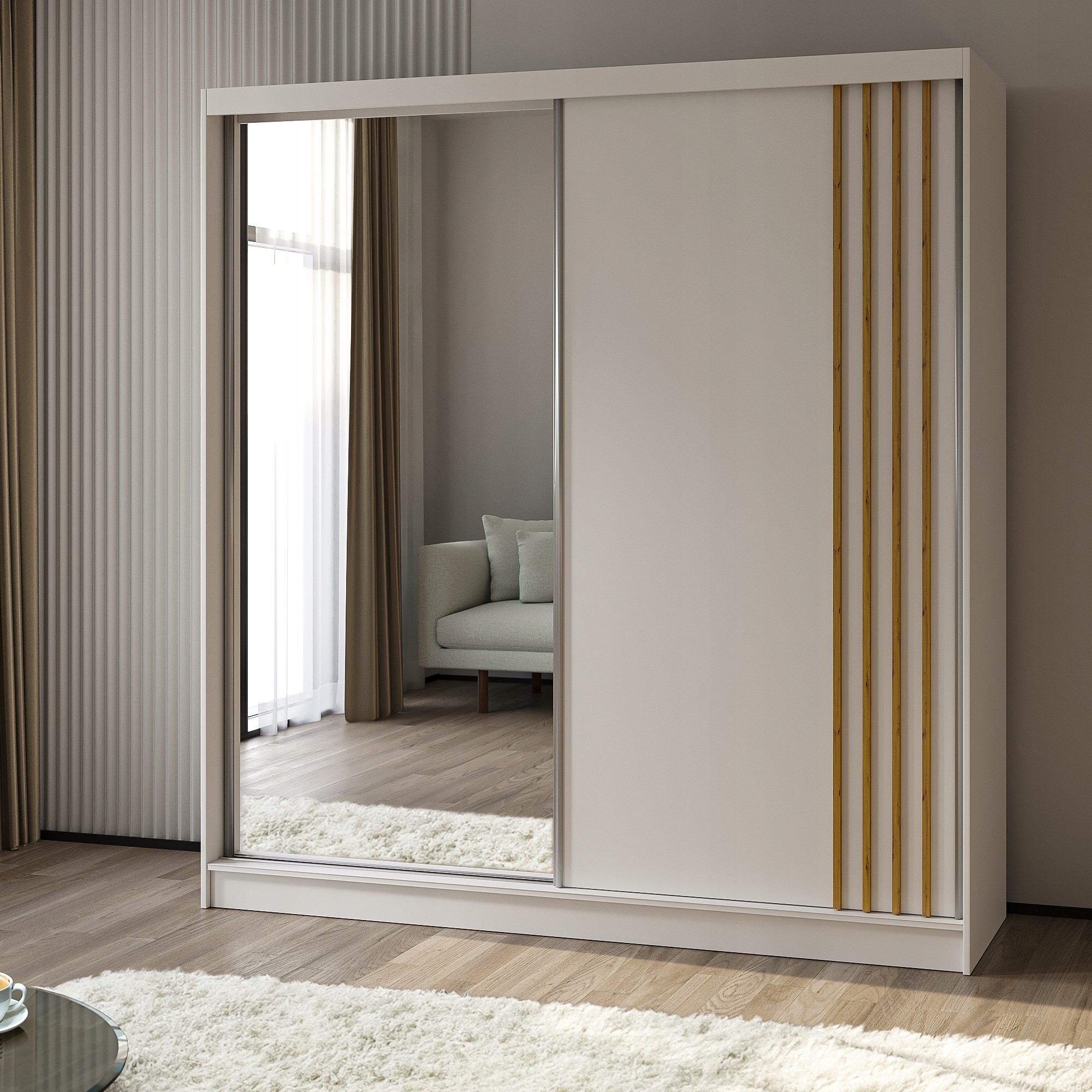 Skříň Nelvia 200 cm Skříň se zrcadlem Posuvná bílá