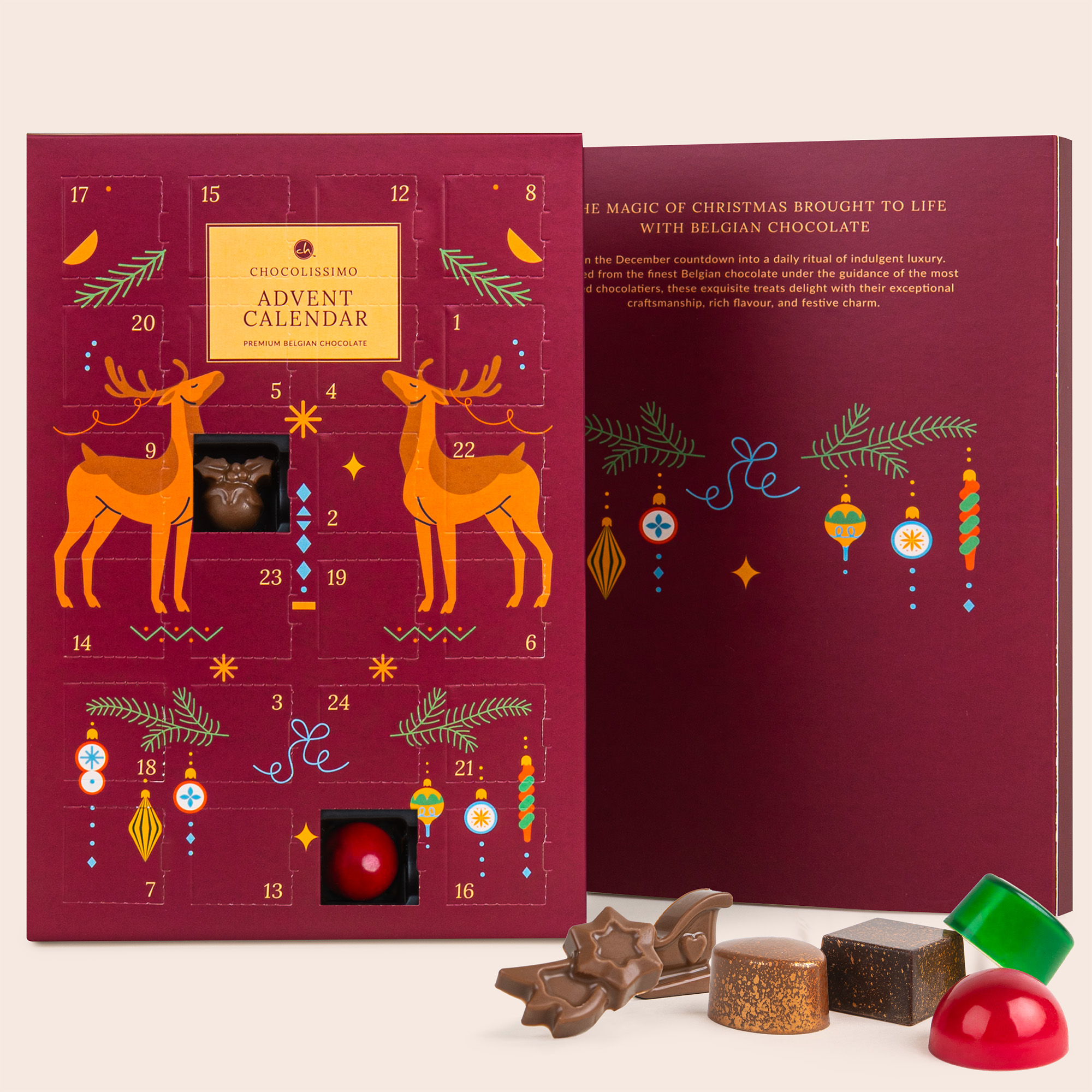 Адвент-календарь Chocolissimo, пралине и фигурки из бельгийского шоколада, бордовый — фото 2