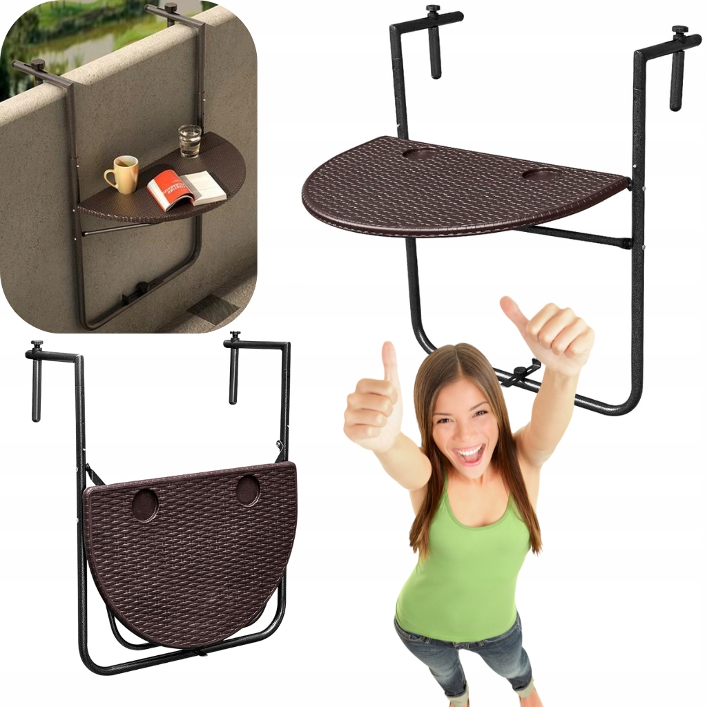 Stół Stolik Balkonowy Składany Przenośny Zawieszany Na Barierkę Brązowy