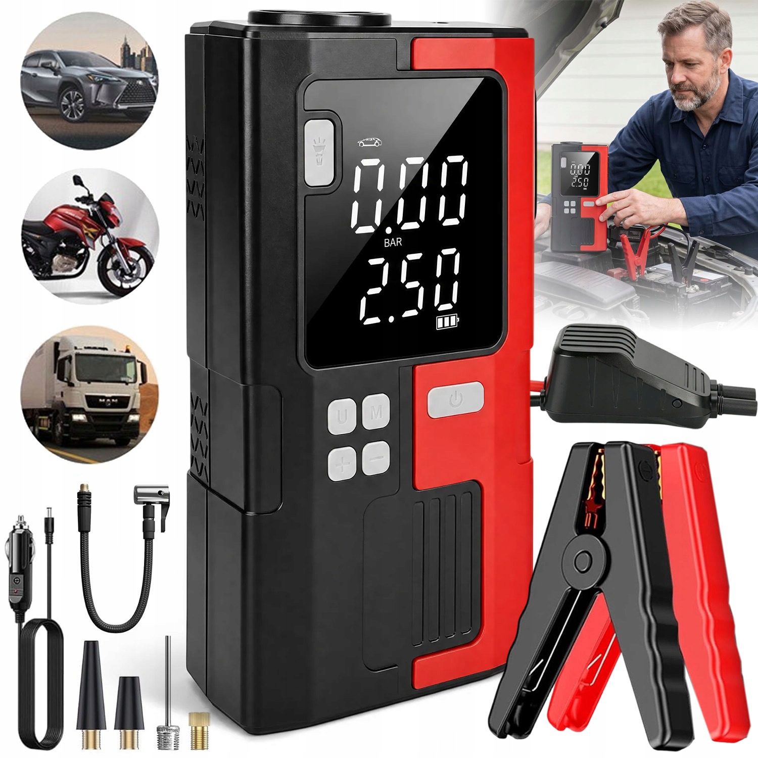 Jump Starter 6000 Mah Powerbank Núdzová Batéria LCD Displej S Led