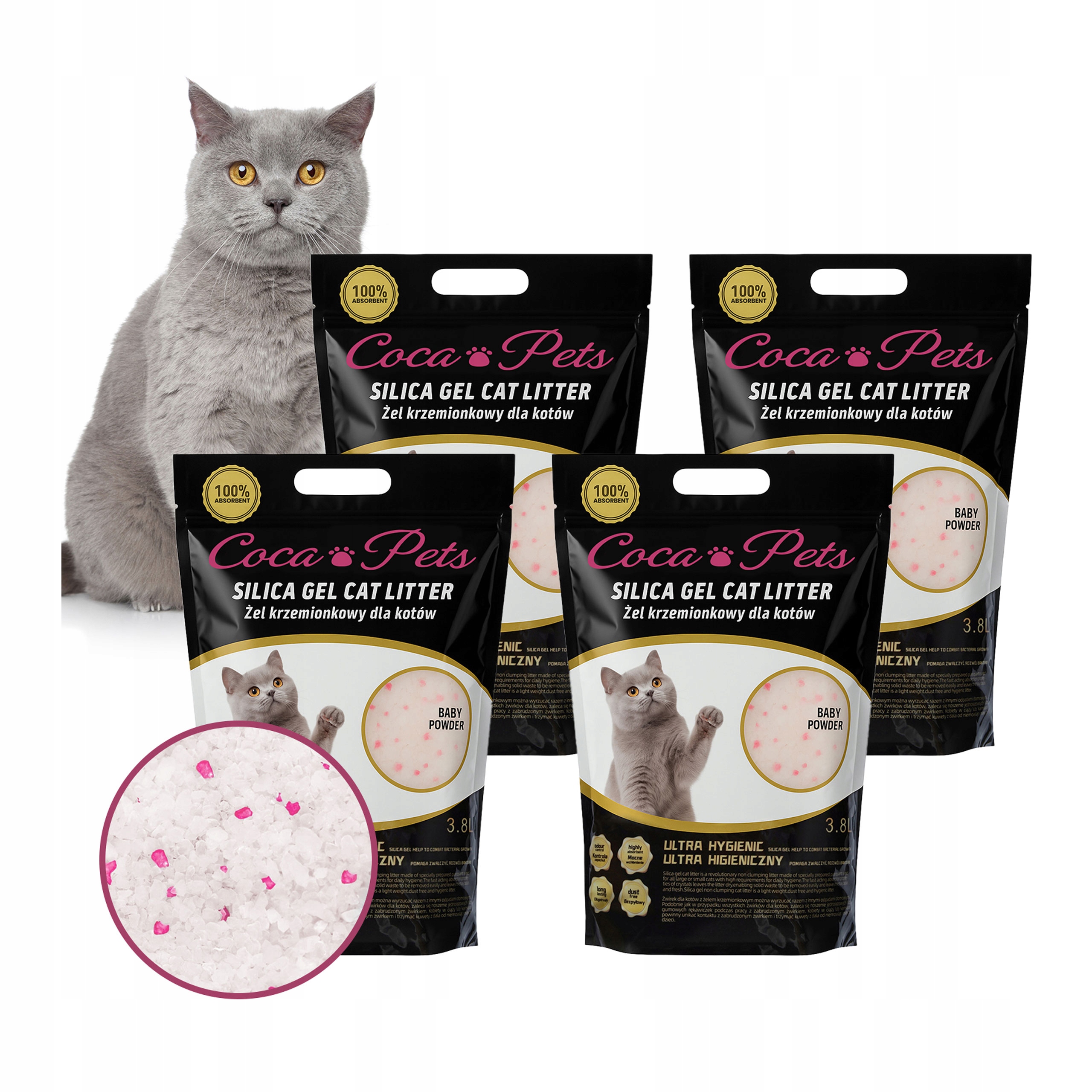 Levně Silikonové Stelivo steliva Pro Kočky , jemná bezprašná sada, 4 balení, 6 kg, 15,2 l