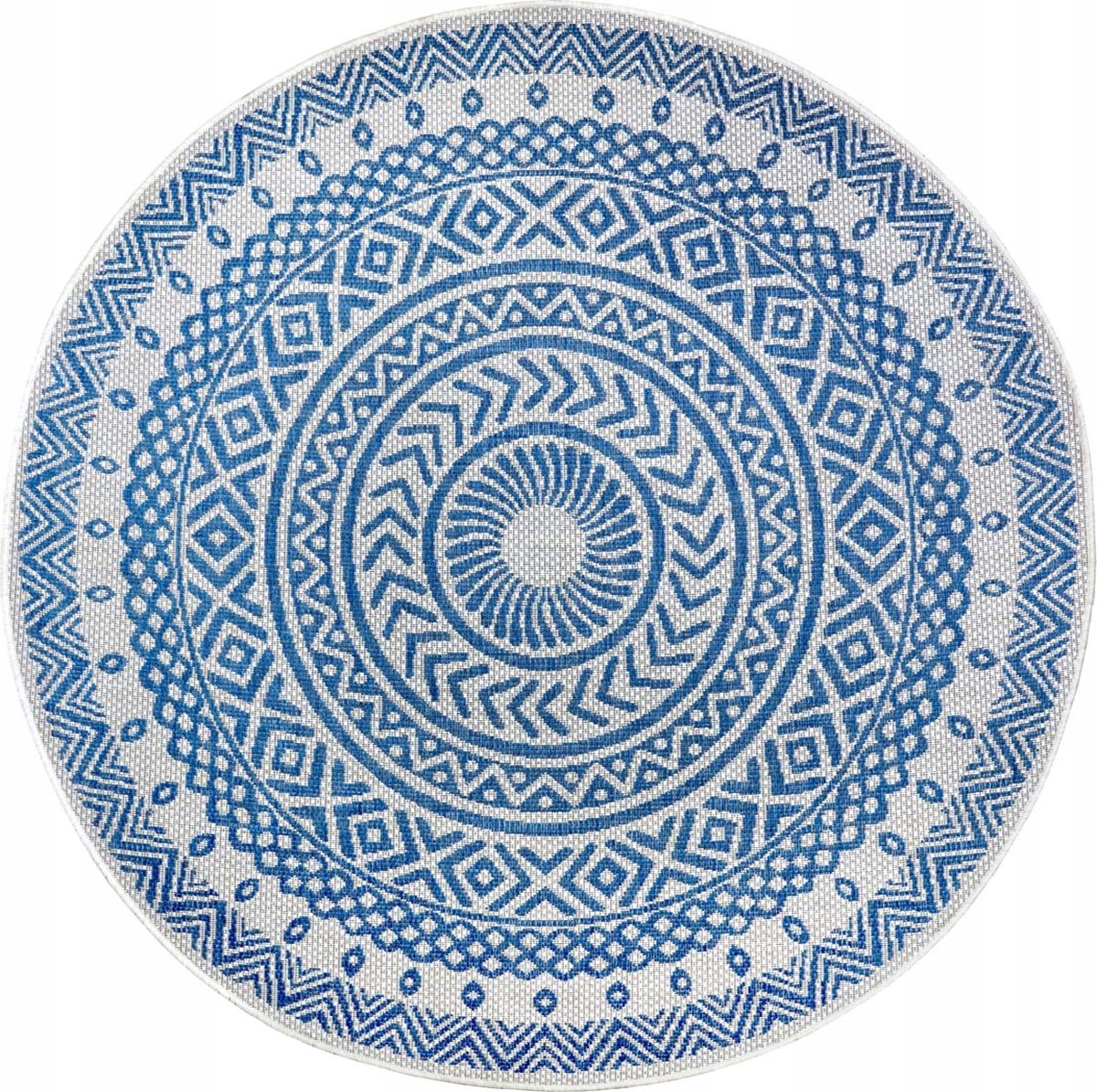 Koberec kulatý na terasu 160 cm, plochý tkaný modrokrémový vzor mandaly
