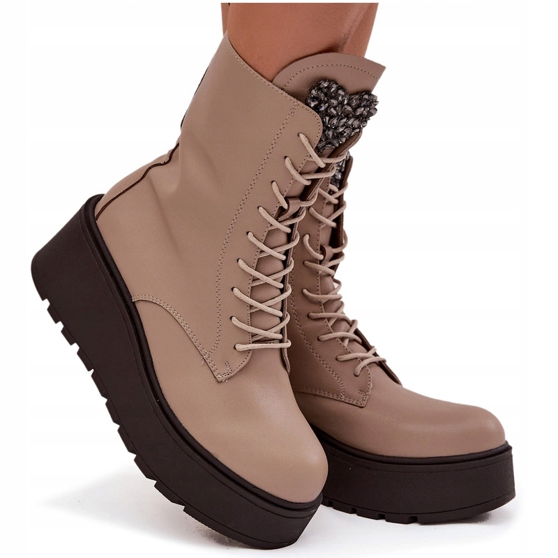 Kotníkové Boty Workery Z Přírodní Kůže Zateplené Ozdobou Béžové 40