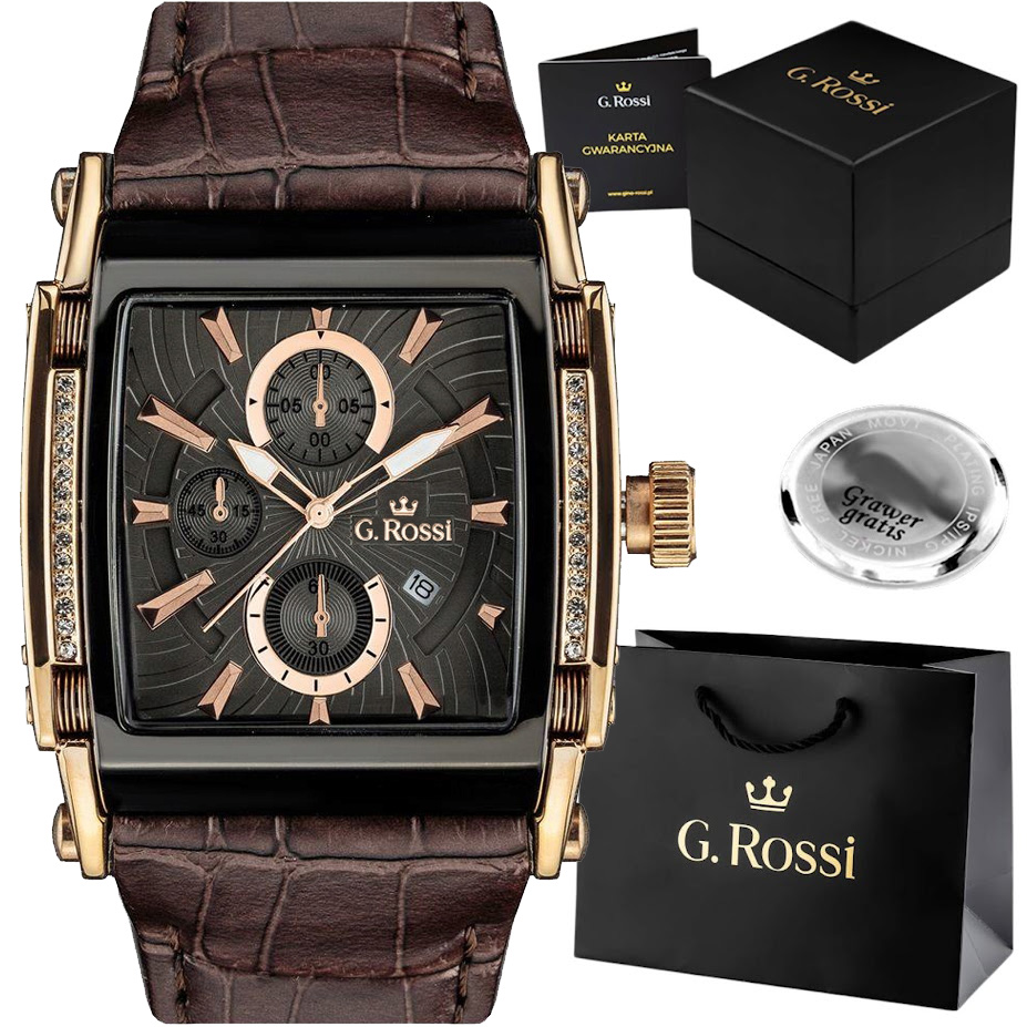 Pánské hodinky G. Rossi Boss s gravírováním – kožený řemínek Datumovka