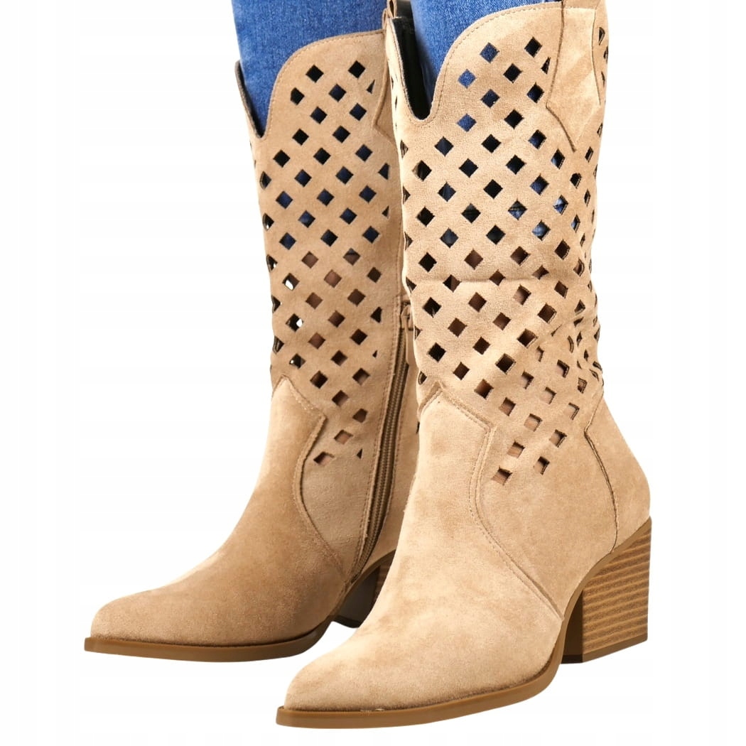 Dámské Kovbojské Boty Ažurové Kozačky Béžové Semišové Módní Vystřihované New 39